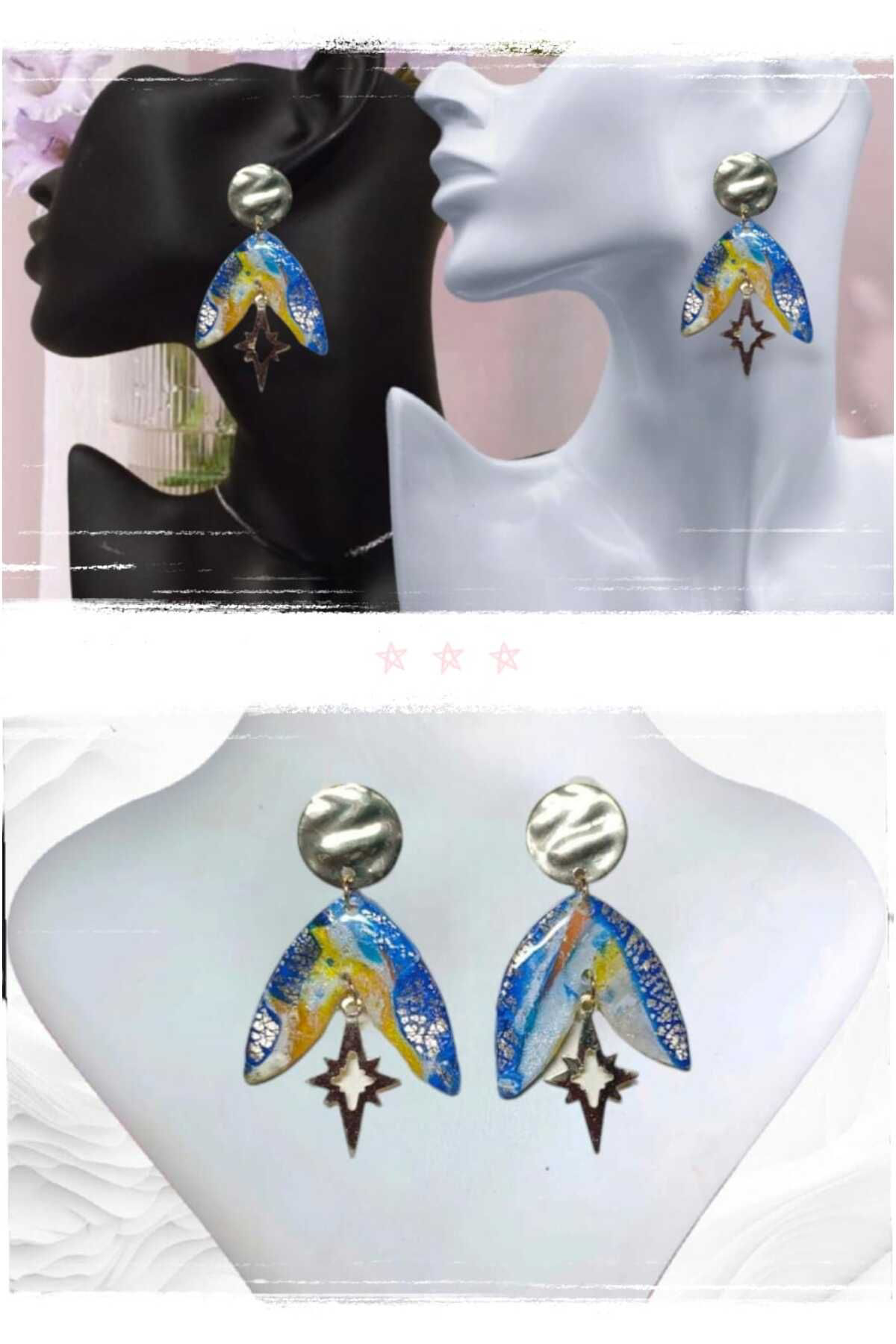 Mavi Tasarım Doğaltaş Görünümlü Polimer Kil & Epoksi Tasarım Küpe