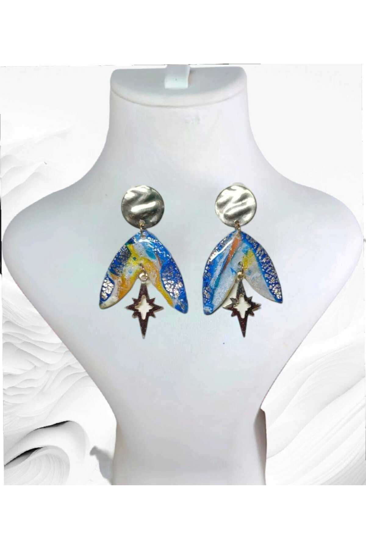 Mavi Tasarım Doğaltaş Görünümlü Polimer Kil & Epoksi Tasarım Küpe