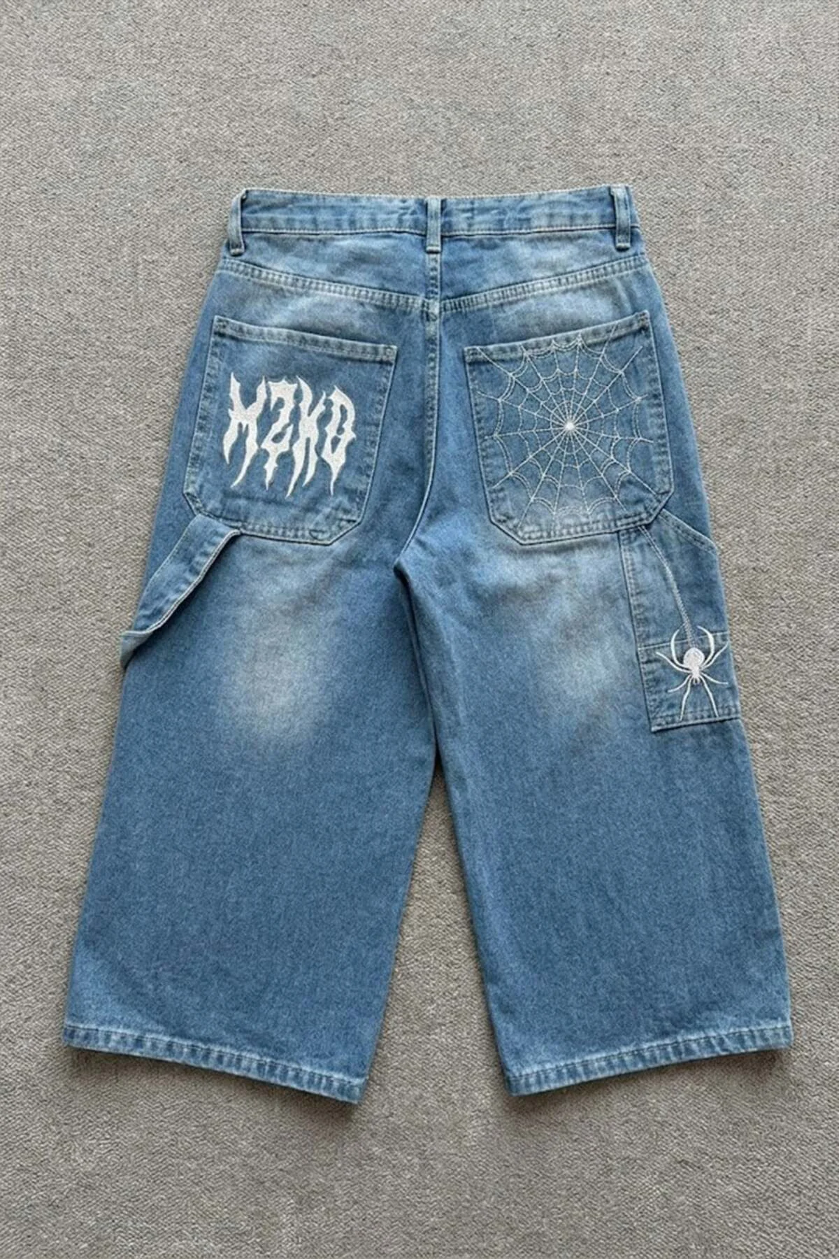 Mavi Taşlamalı kırmızı Beyaz MZKD Spider Y2K Baggy Unisex Şortolon Mavi Taşlamalı kırmızı Beyaz MZKD Spider Y2K Baggy Unisex Şortolon