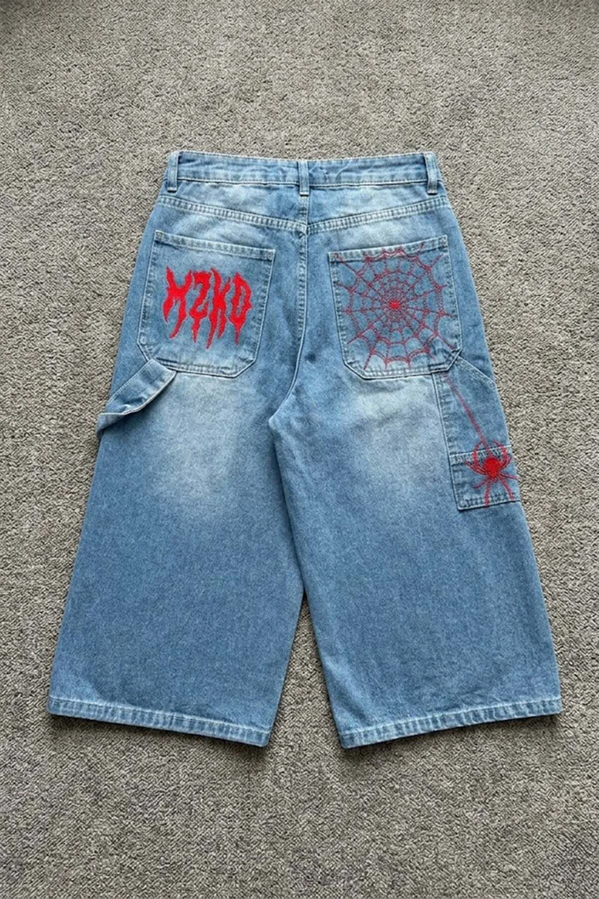 Mavi Taşlamalı kırmızı MZKD Spider Y2K Baggy Unisex Şortolon Mavi Taşlamalı kırmızı MZKD Spider Y2K Baggy Unisex Şortolon