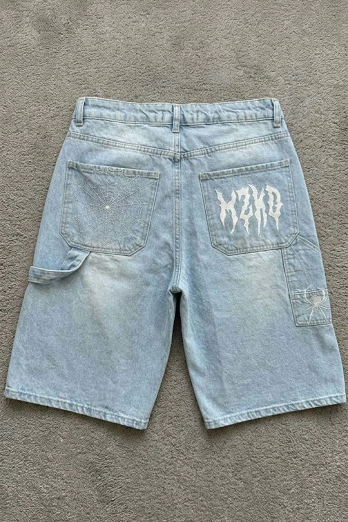Mavi Taşlamalı MZKD Spider Y2K Baggy Unisex Şort