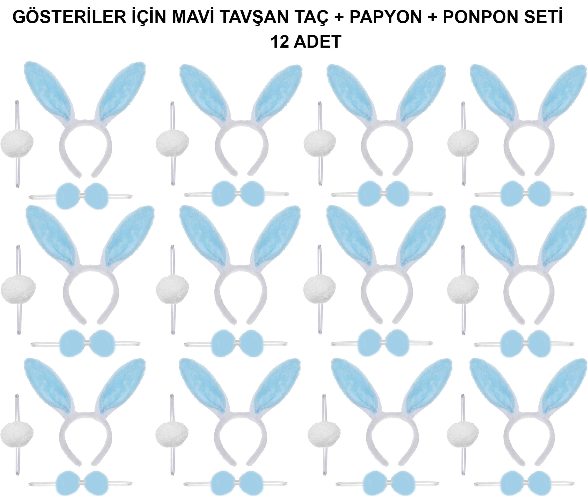 Mavi Tavşan Kostüm Seti – Taç, Papyon, Ponpon (12’li Paket) (4741 Mavi Tavşan Kostüm Seti – Taç, Papyon, Ponpon (12’li Paket) (4741