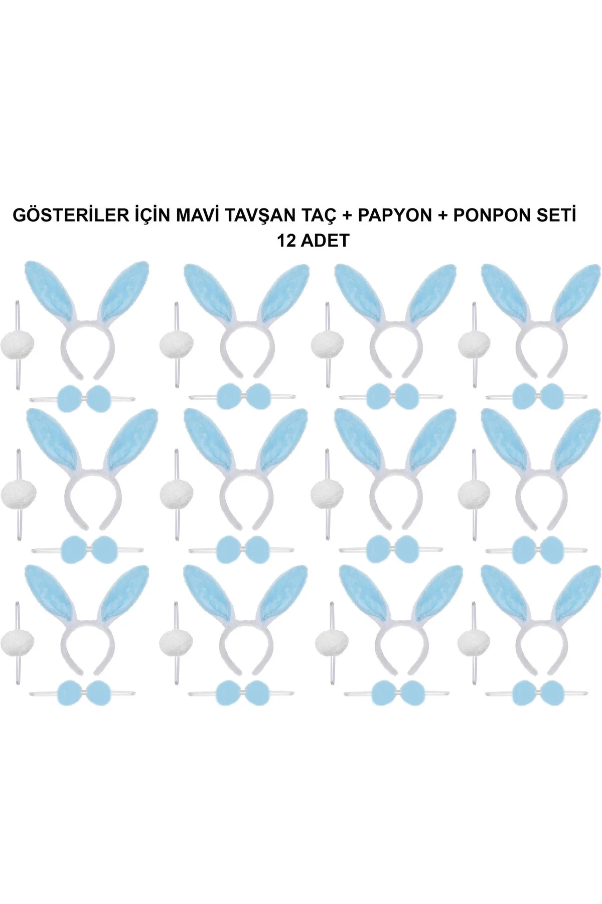 Mavi Tavşan Kostüm Seti – Taç, Papyon, Ponpon (12’li Paket) (5060