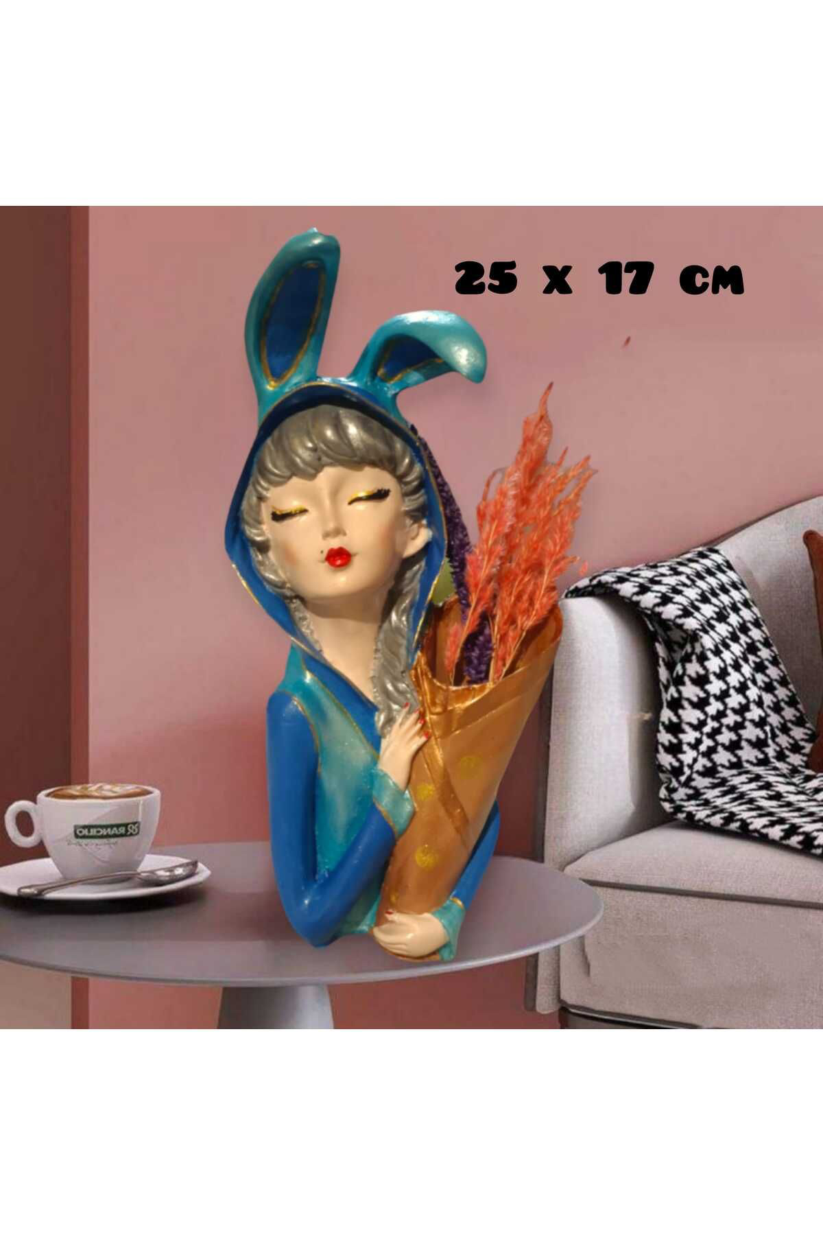 Mavi Tavşan Kulaklıklı Kız Polyester Biblo & Vazo