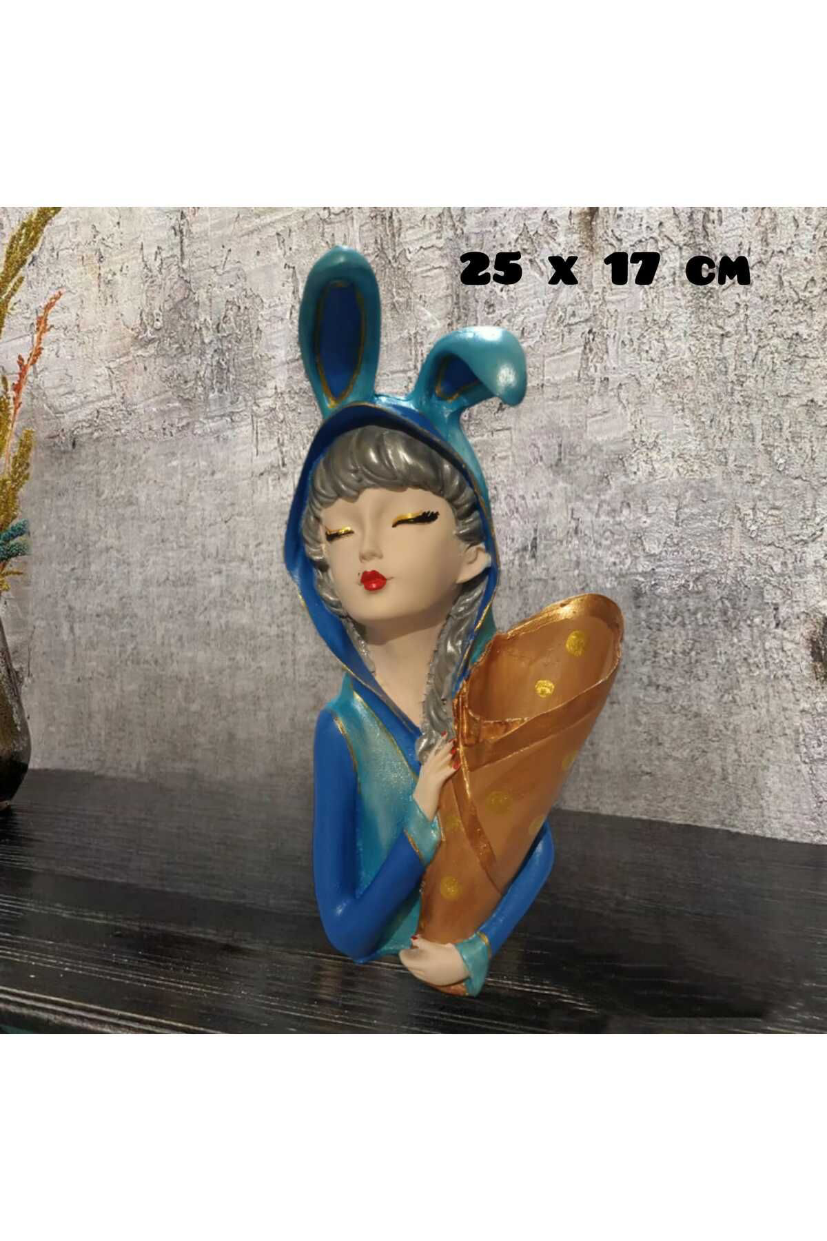 Mavi Tavşan Kulaklıklı Kız Polyester Biblo & Vazo