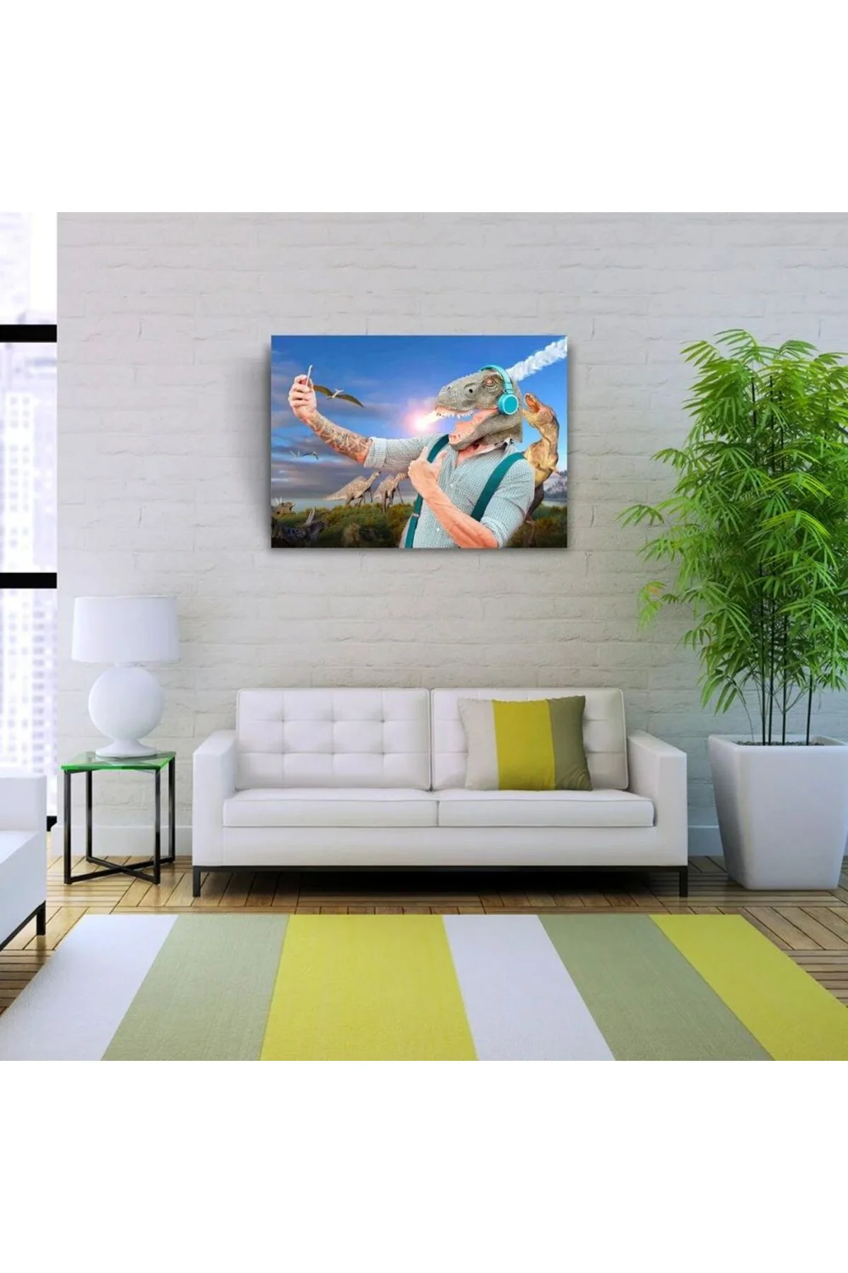 Mavi Tonlarda Dinazor Başlı Adam Resmi Kanvas Tablo 50 x 70 Fiyatı, Yorumları ve Özellikleri