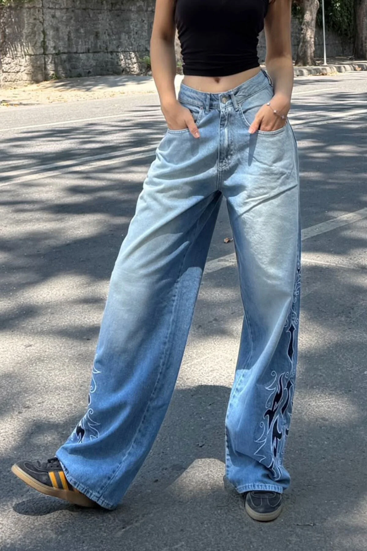 Mavi Tribal Taşlamalı Gotik Y2K Unisex Baggy Pantolon Mavi Tribal Taşlamalı Gotik Y2K Unisex Baggy Pantolon