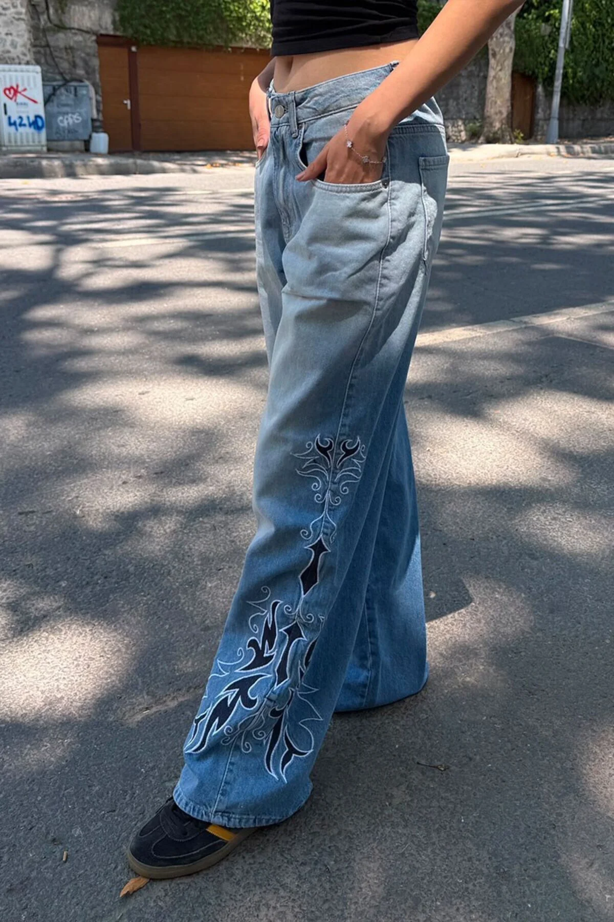 Mavi Tribal Taşlamalı Gotik Y2K Unisex Baggy Pantolon Mavi Tribal Taşlamalı Gotik Y2K Unisex Baggy Pantolon