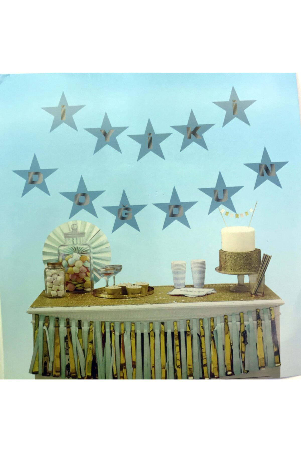 Angoravi Mavi Üzeri Gümüş Yıldız İyiki Doğdun Flama Süs