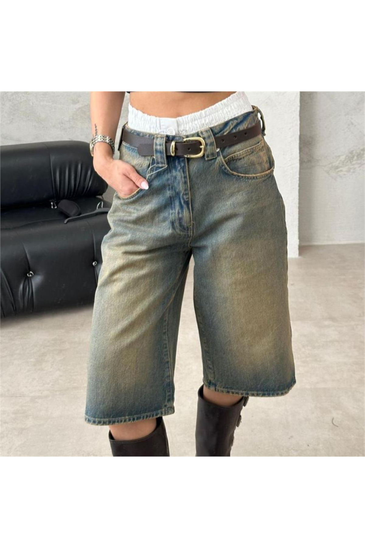 Mavi Vintage Kahverengi Taşlanmış Yıkamalı Retro Kısa Paçalı Kot 