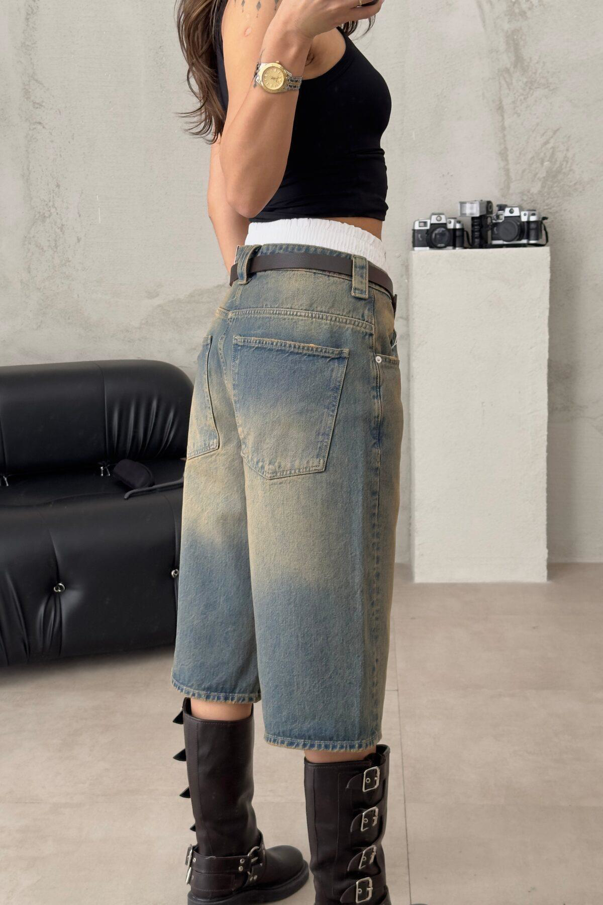 Mavi Vintage Kahverengi Taşlanmış Yıkamalı Retro Kısa Paçalı Kot 