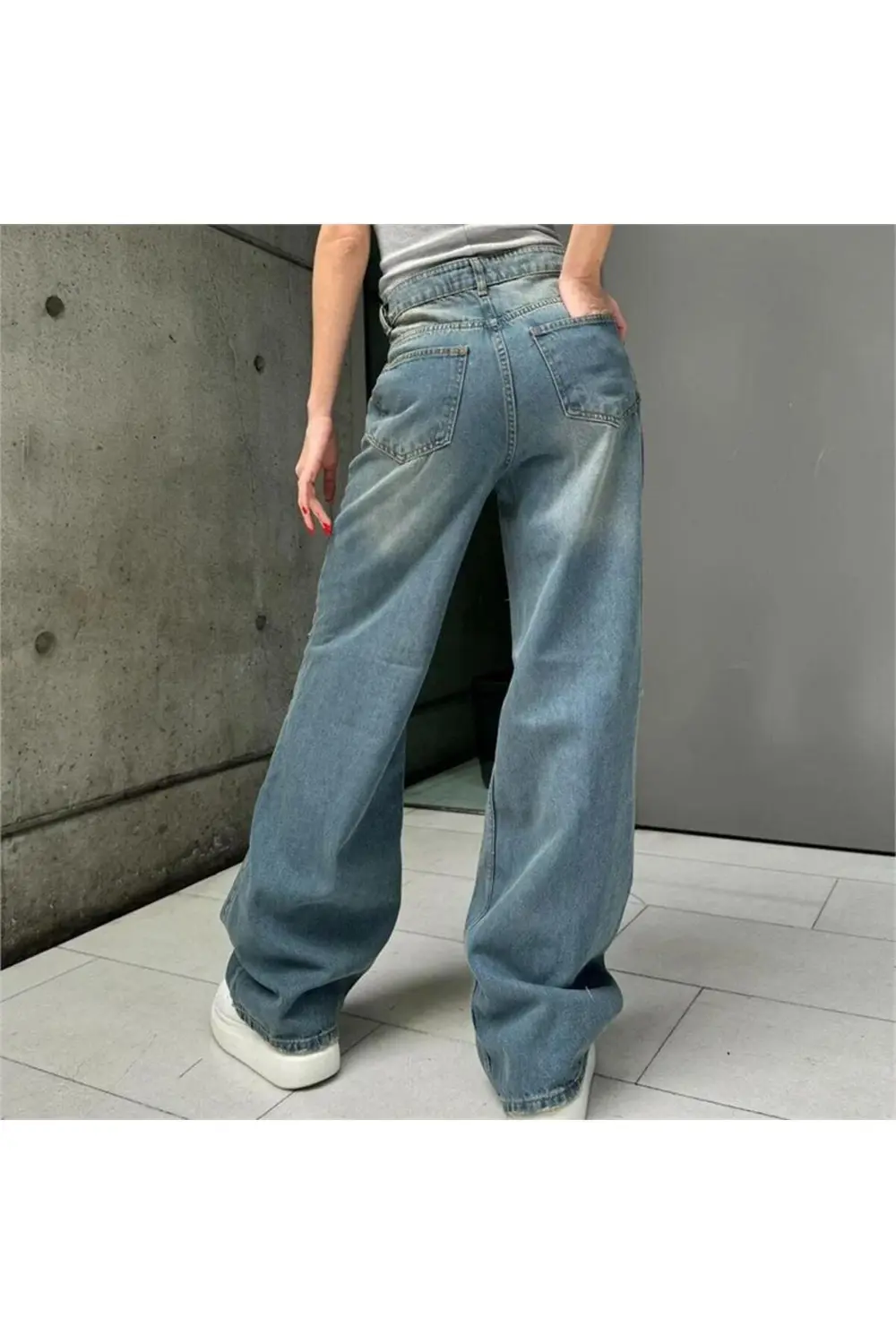 Mavi Vintage Yırtık Detay Bol Paça Kot Pantolon