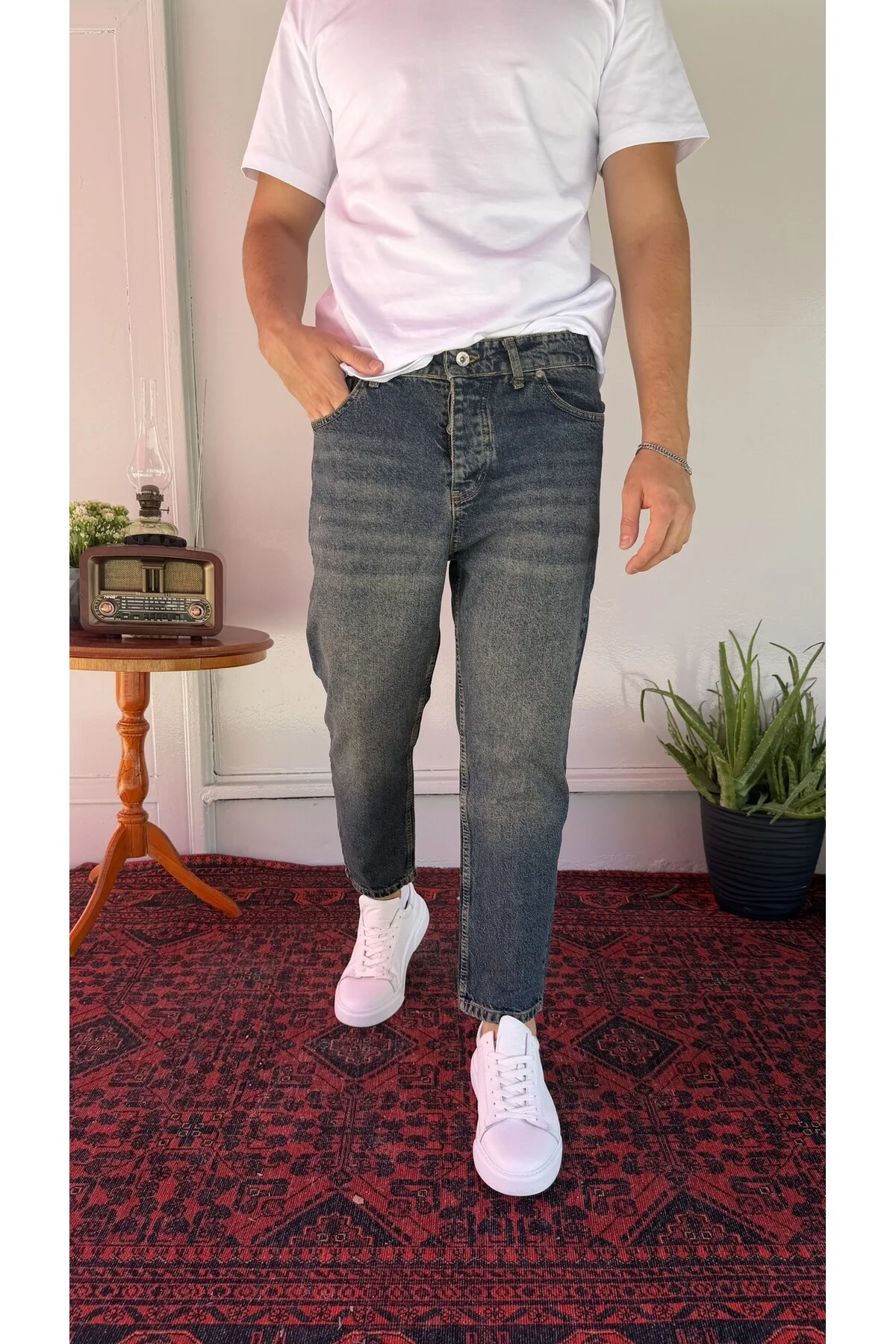 Mavi Yeşil Yıkamalı Boyfriend Jean