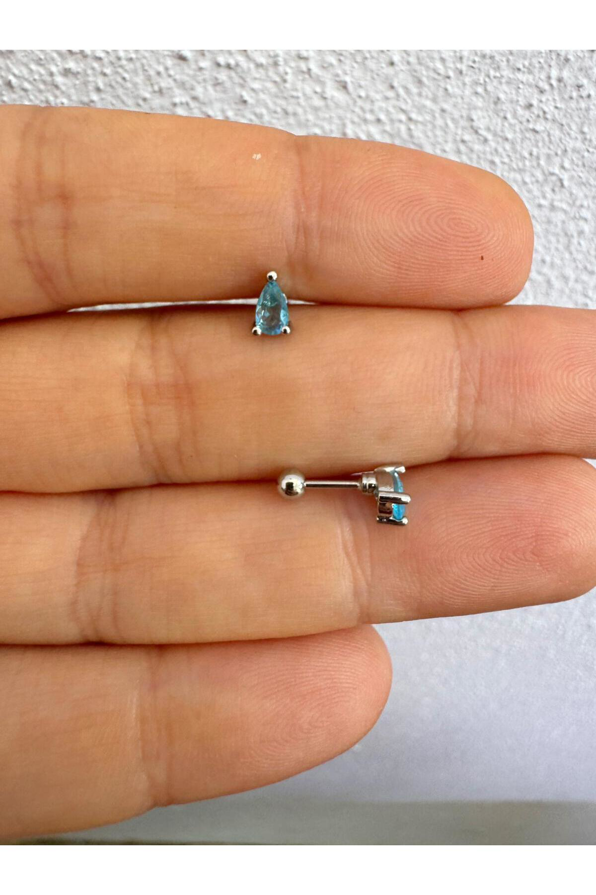 Mavi zirkon damla taşlı 1 adet tragus helix lobe uyumlu piercing