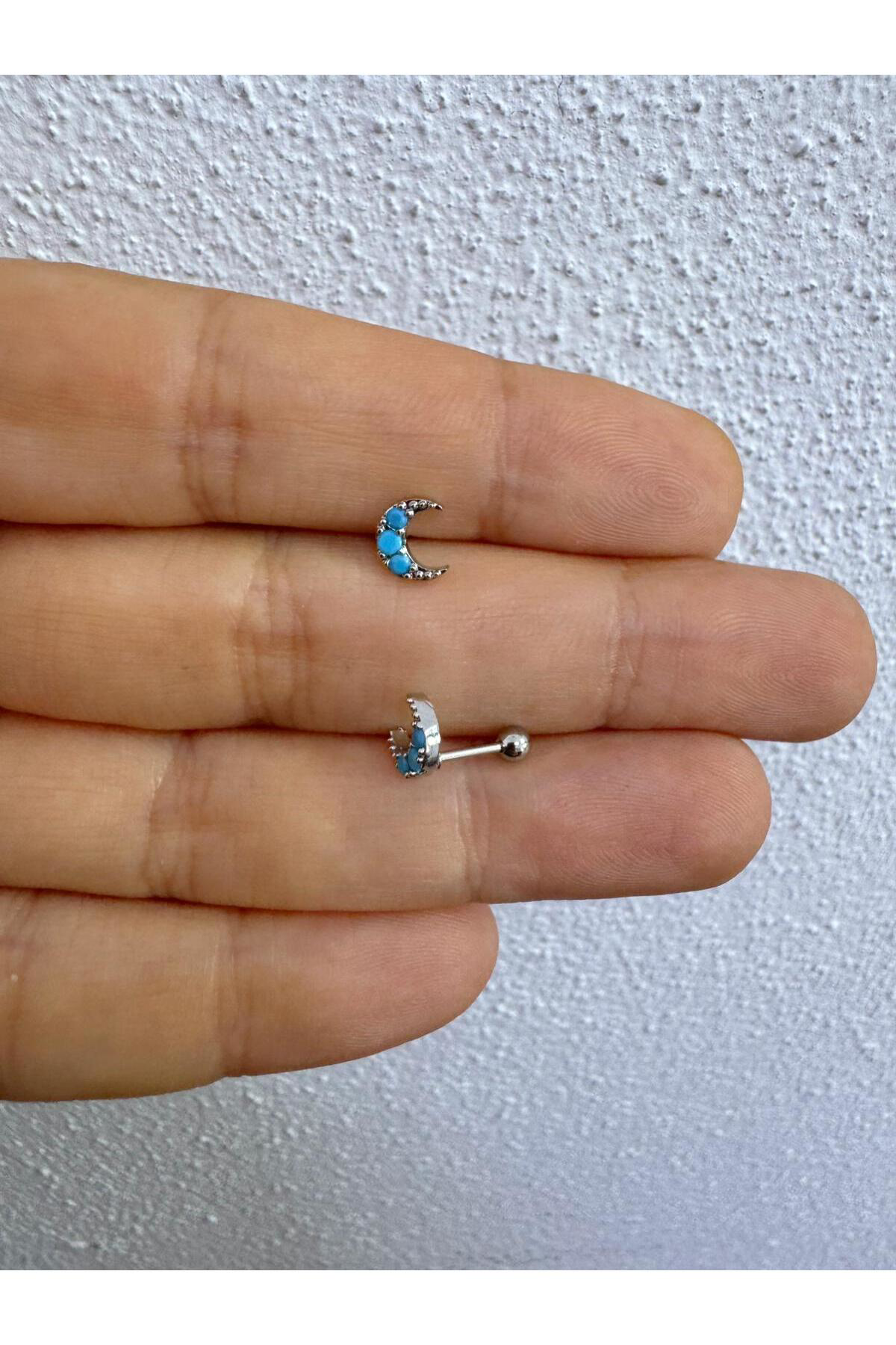 mavi zirkon taşlı ay hilal 1 adet tragus helix lobe uyumlu piercing