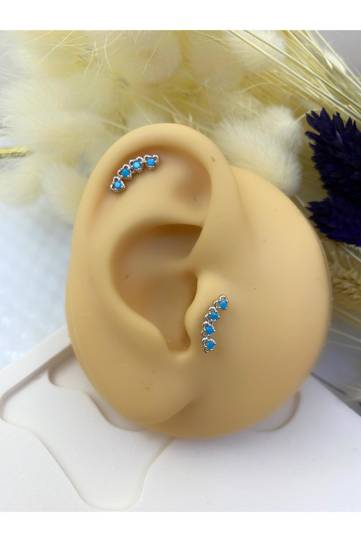 mavi zirkon taşlı kalpli kıkırdak tragus lobe uyumlu 1 adet pierc