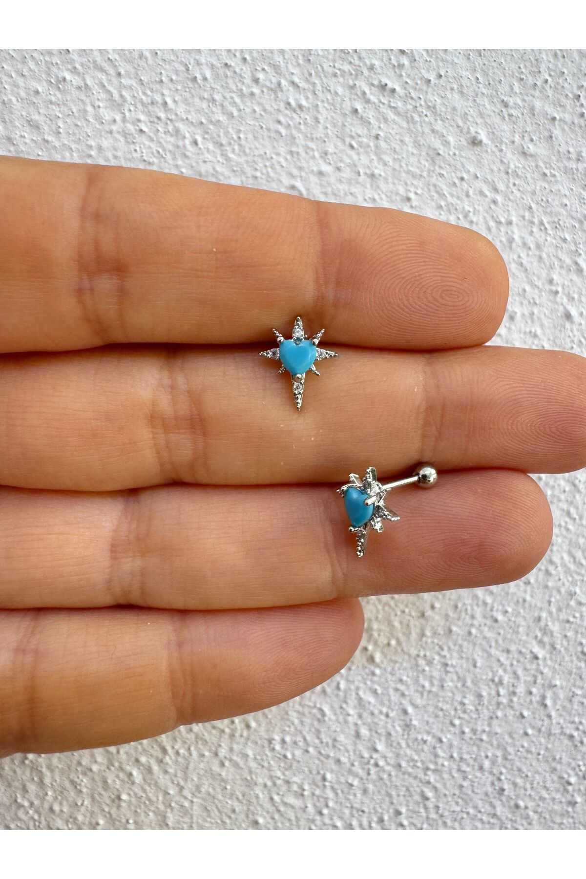 Mavi zirkon taşlı kalpli 1 adet tragus helix lobe uyumlu piercing