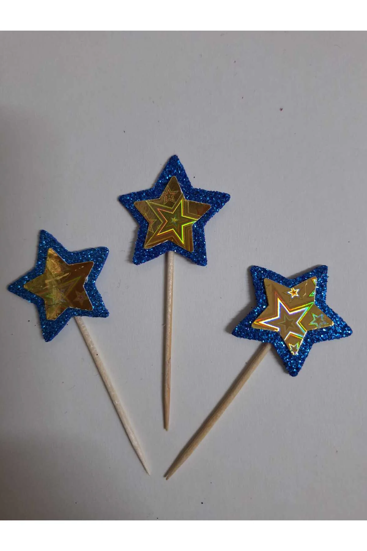 MAVİ&GOLD YILDIZLI PASTA SÜSÜ KÜRDAN, CUPKEK 15 Lİ