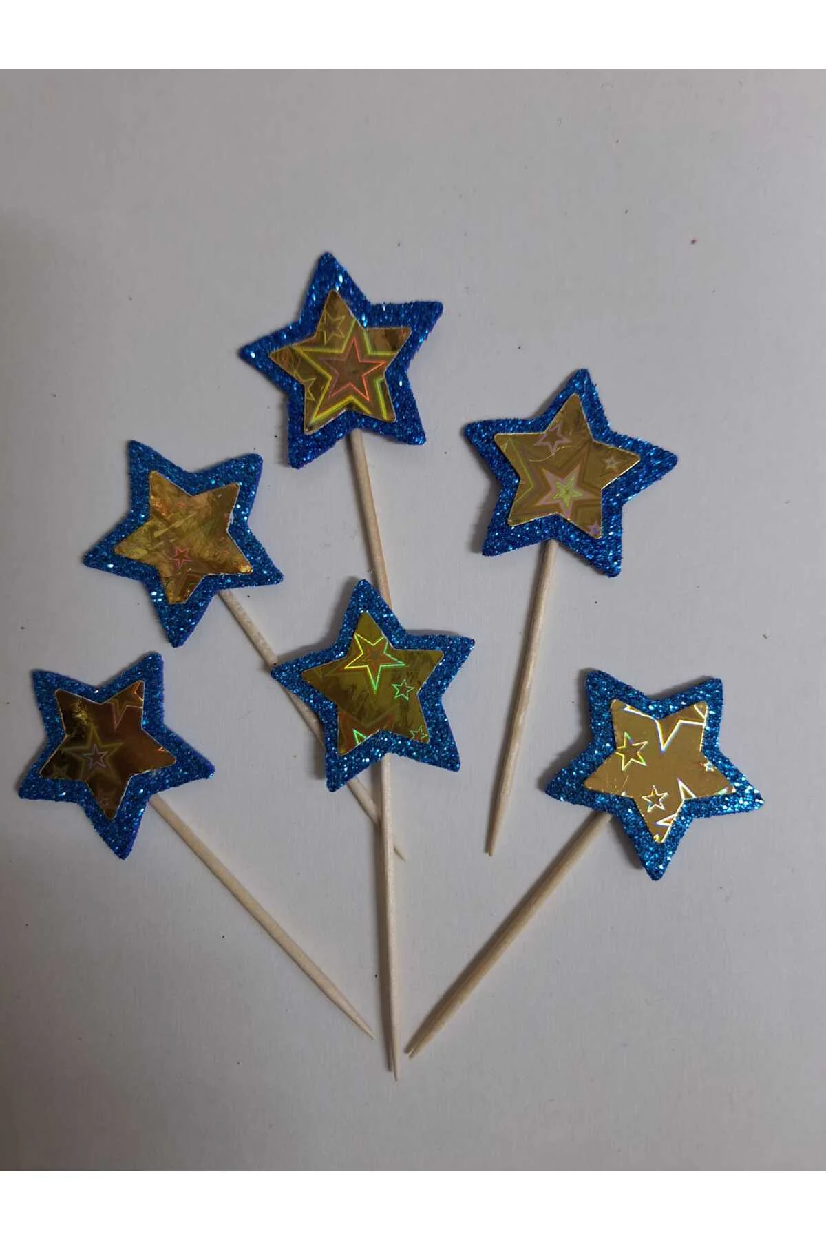 MAVİ&GOLD YILDIZLI PASTA SÜSÜ KÜRDAN, CUPKEK 15 Lİ