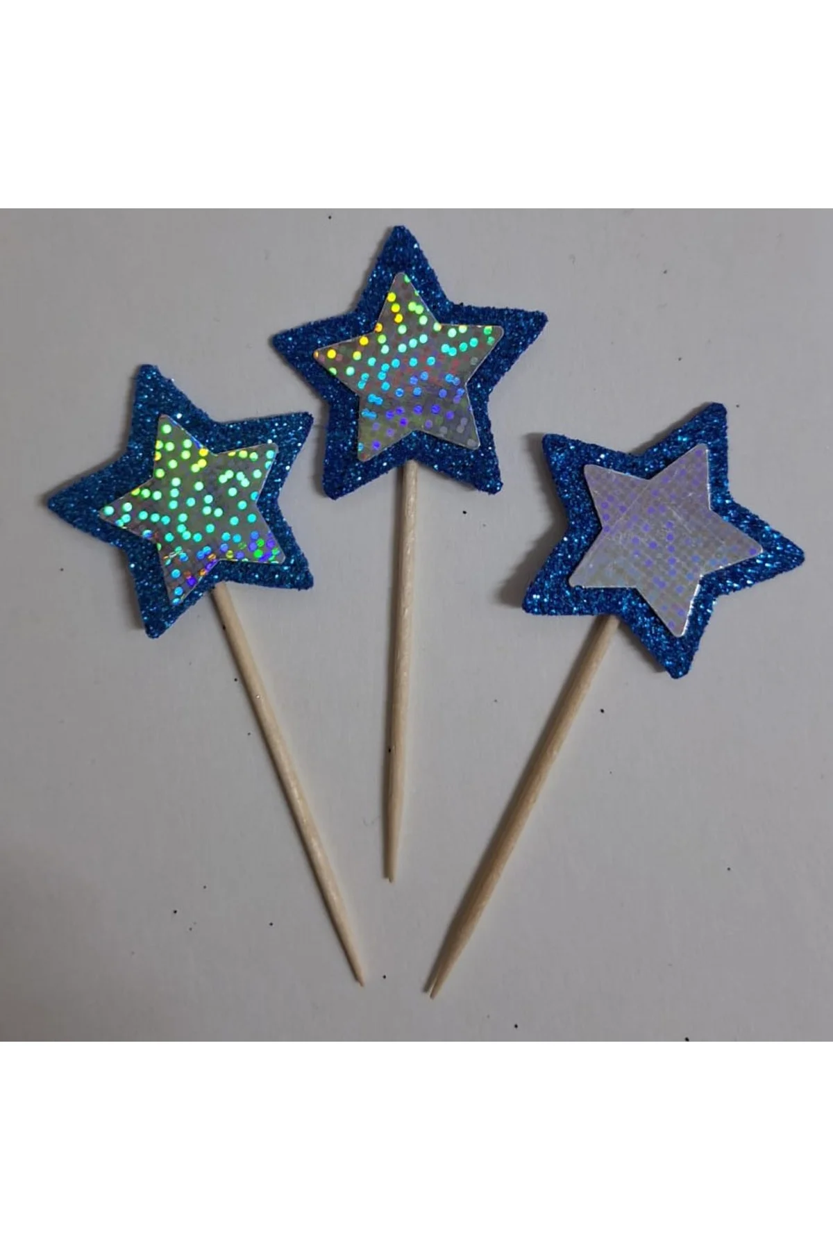 MAVİ&GÜMÜŞ YILDIZLI PASTA SÜSÜ KÜRDAN, KUPKEK 15 Lİ
