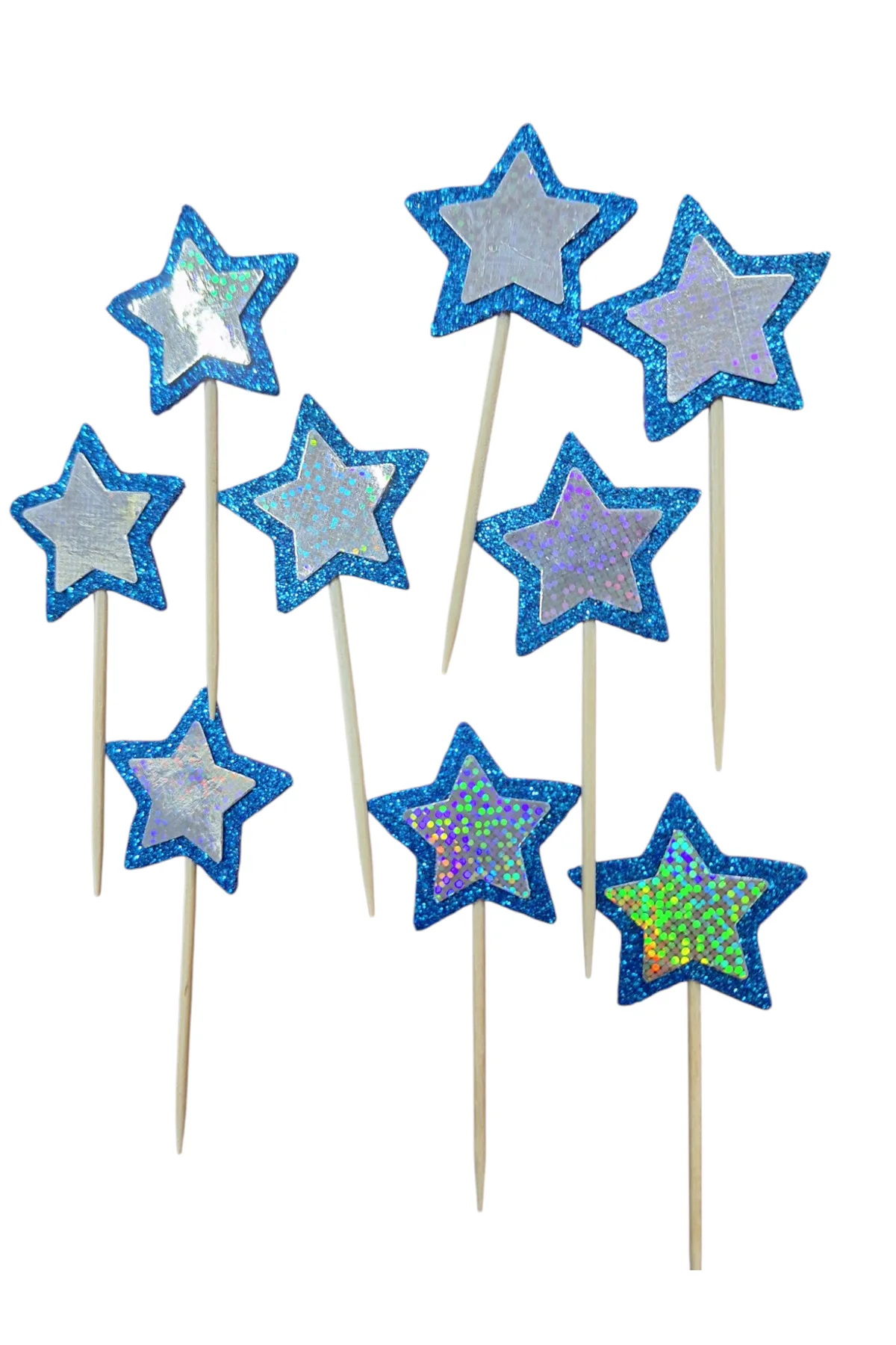 MAVİ&GÜMÜŞ YILDIZLI PASTA SÜSÜ KÜRDAN, KUPKEK 15 Lİ