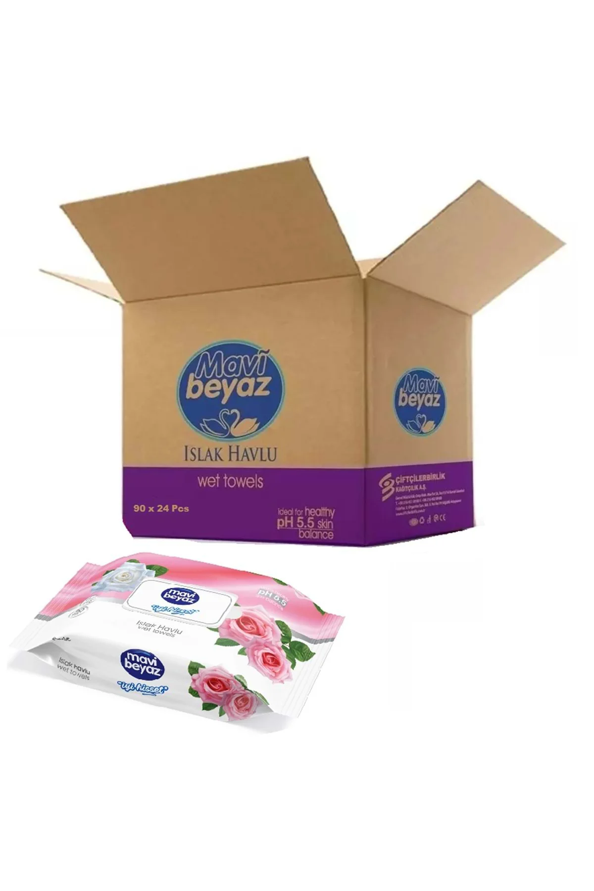 MAVİIslak Havlu Mendil 90 Yaprak Gül 24 Lü Set Plastik Kapaklı