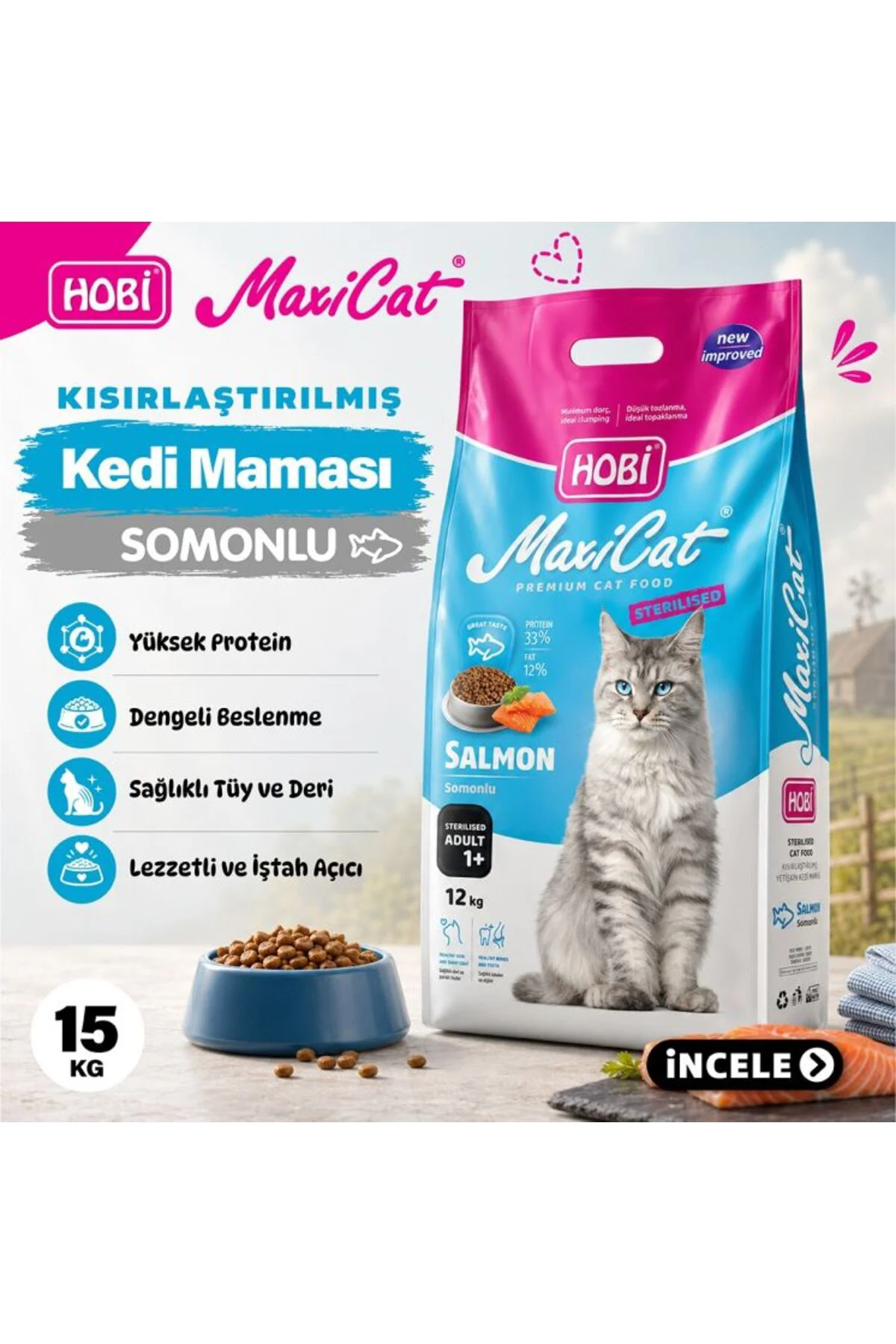 Maxicat Kısırlaştırılmış Somonlu Kedi Maması 15 Kg | Yetişkin Kediler için Sağlıklı Beslenme Fiyatı, Yorumları ve Özellikleri