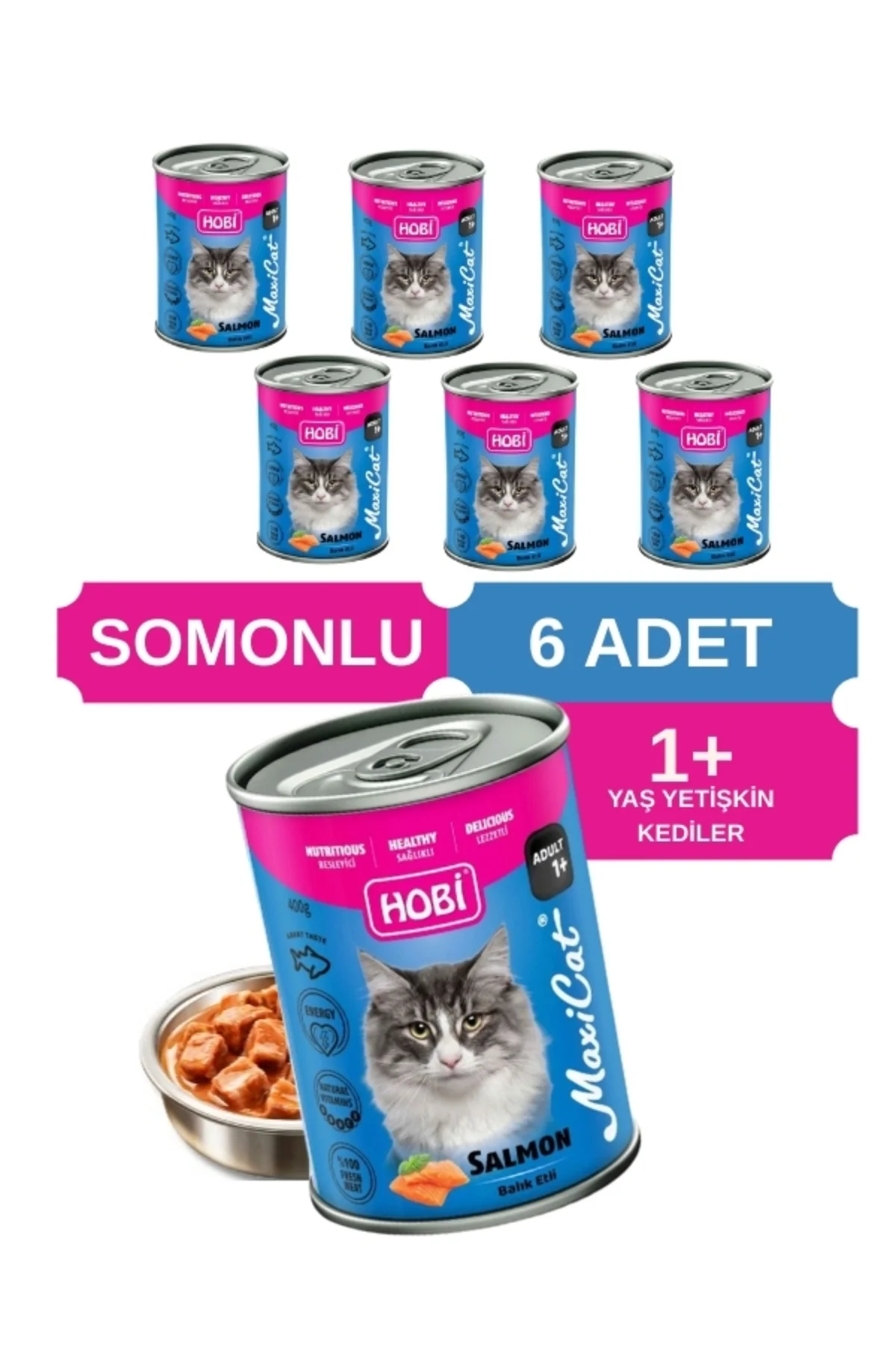 Maxicat Somonlu Yetişkin Kedi Konservesi 400 Gr x 6 Adet - Omega Destekli, Tam ve Dengeli Mama