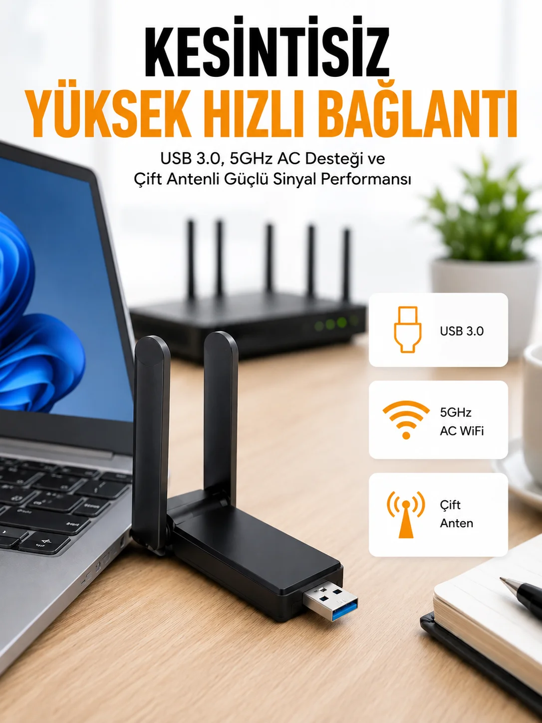 Mbps Wifi Alıcı Kablosuz Wifi Adaptörü Çift Band Çift Antenli Yeni Nesil
