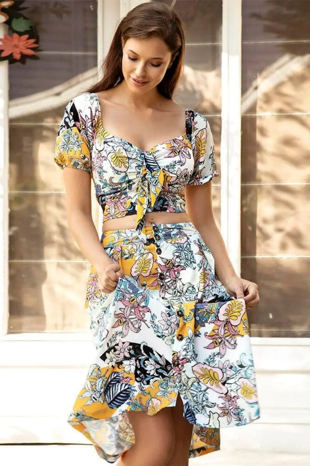 MDB Dokuma Önden Bağlamalı Çiçek Baskılı Omuzu Düşük Büstiyer ve