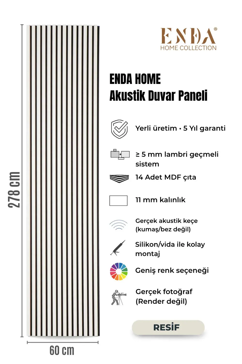MDF Akustik Duvar Paneli 60×278 cm – 11 mm Kalınlık, Gerçek Keçel