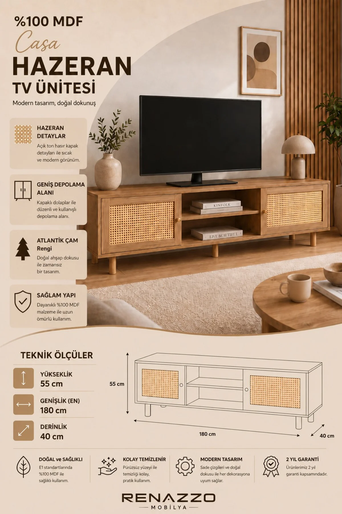 % MDF Casa Hazeran TV Ünitesi 180x40x55 cm