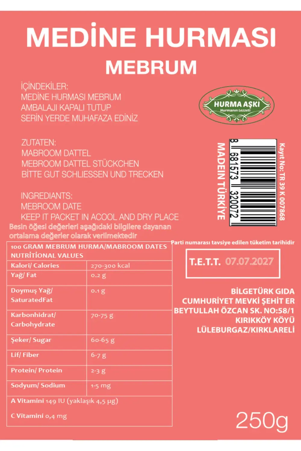 Mebrum Hurması 250 Gr