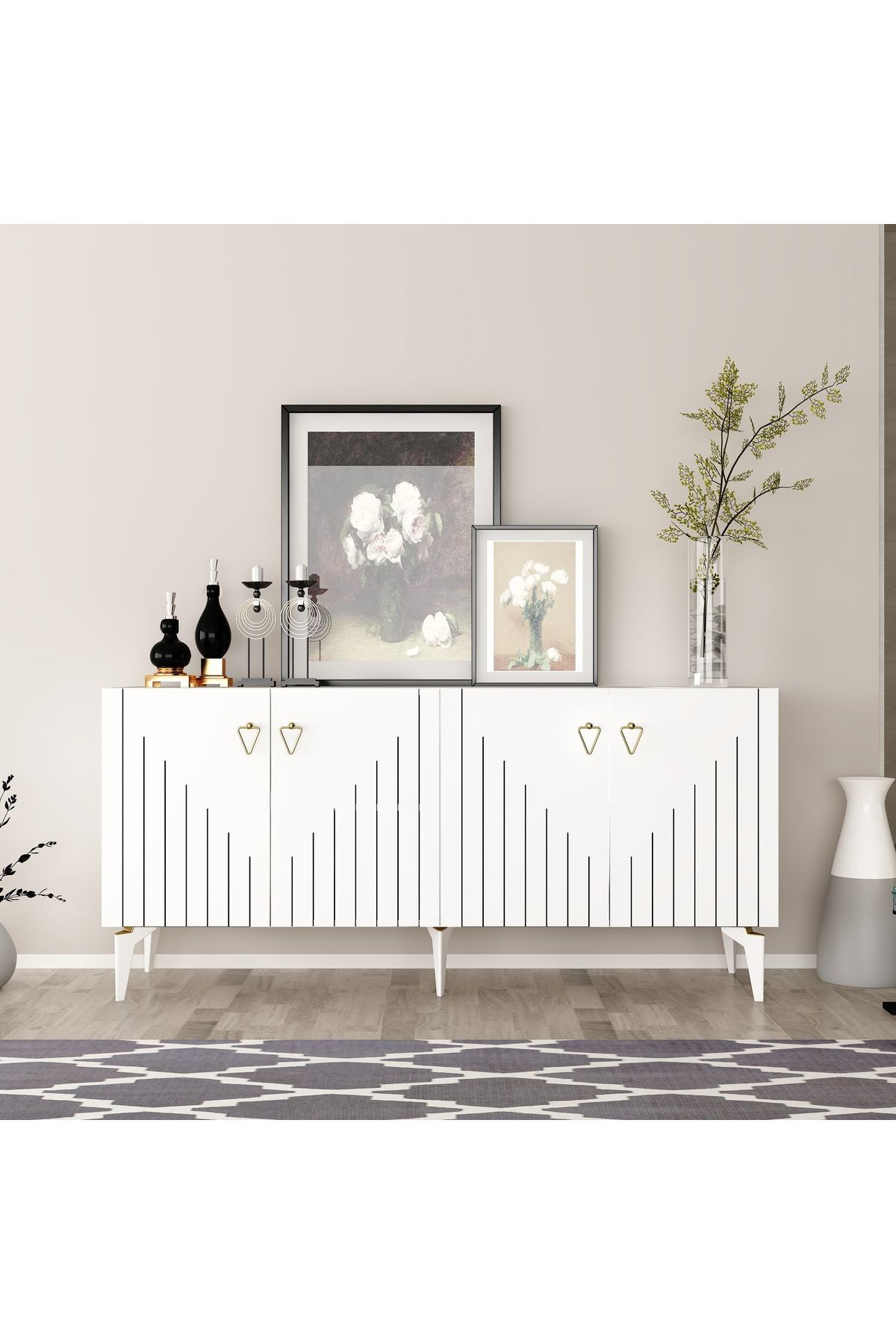 MEDDA LAZER ÇİZGİLİ KONSOL BEYAZ-ALTIN