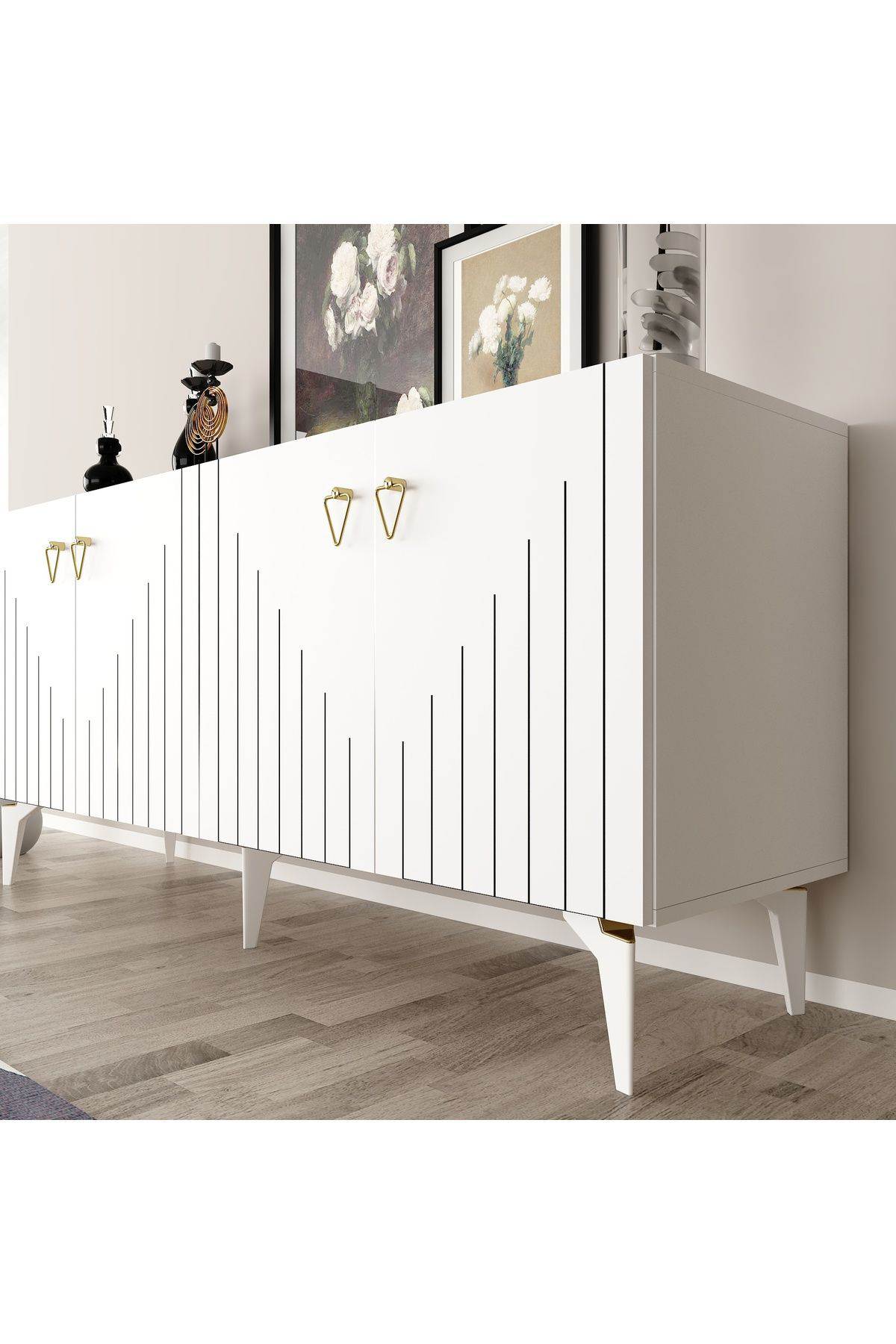 MEDDA LAZER ÇİZGİLİ KONSOL BEYAZ-ALTIN