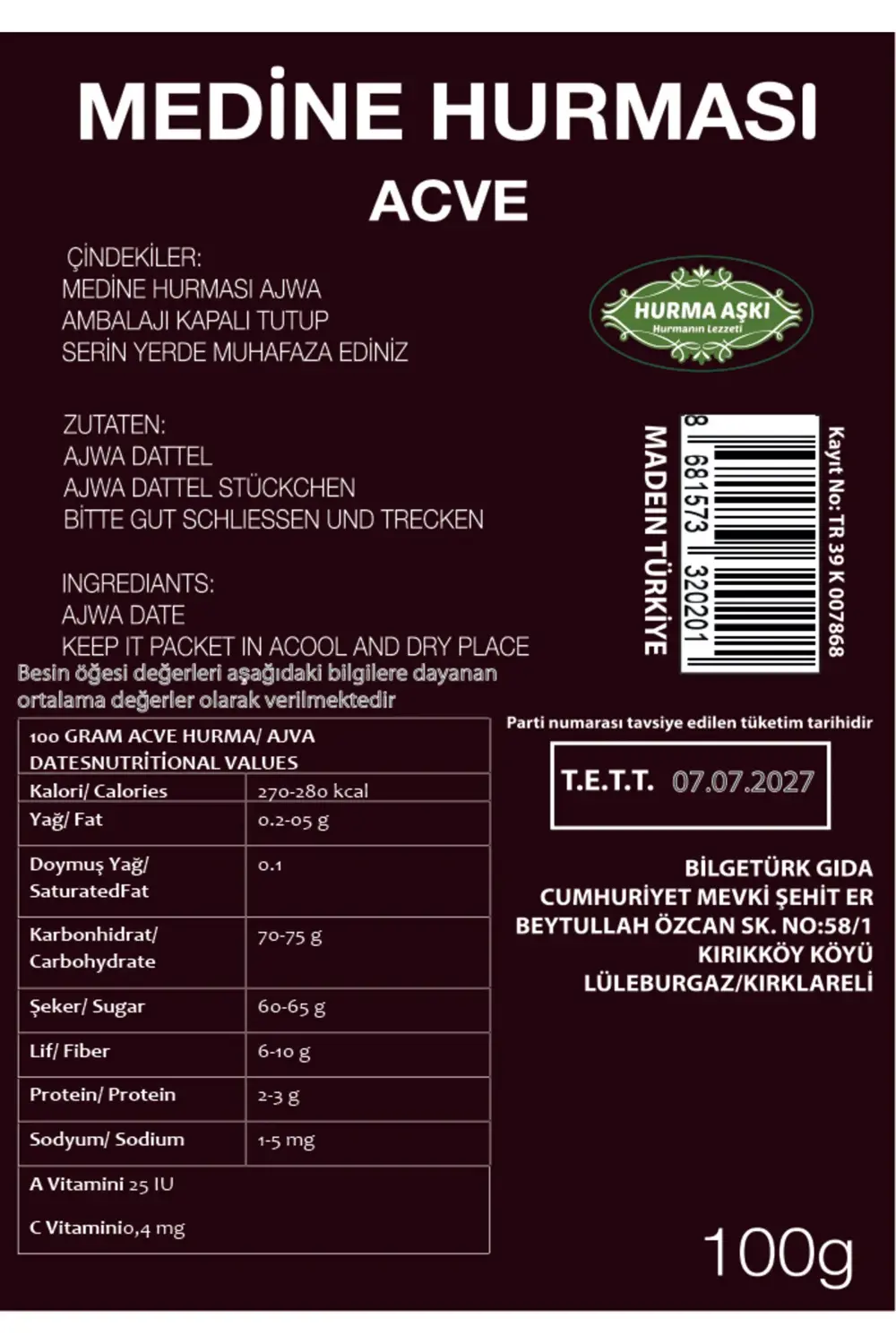 Medine Hurması Acve 100 gr