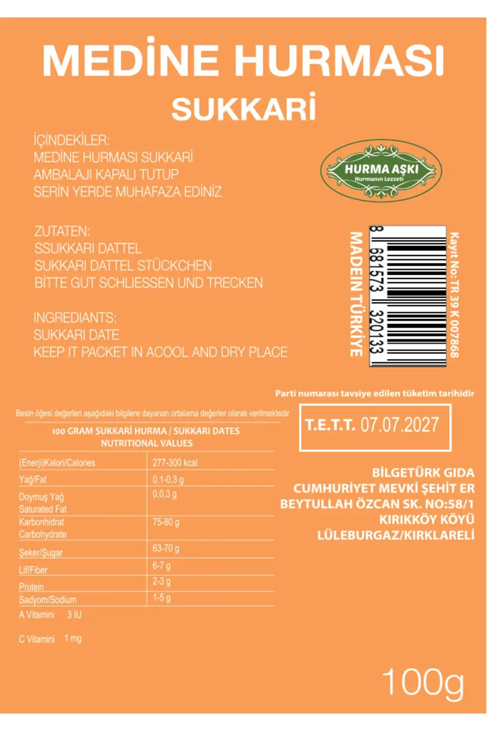 Medine Hurması Sukkari 100gr