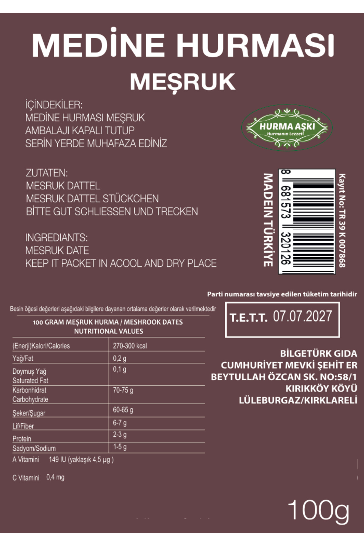 Medine Meşruk Hurması 100 Gr