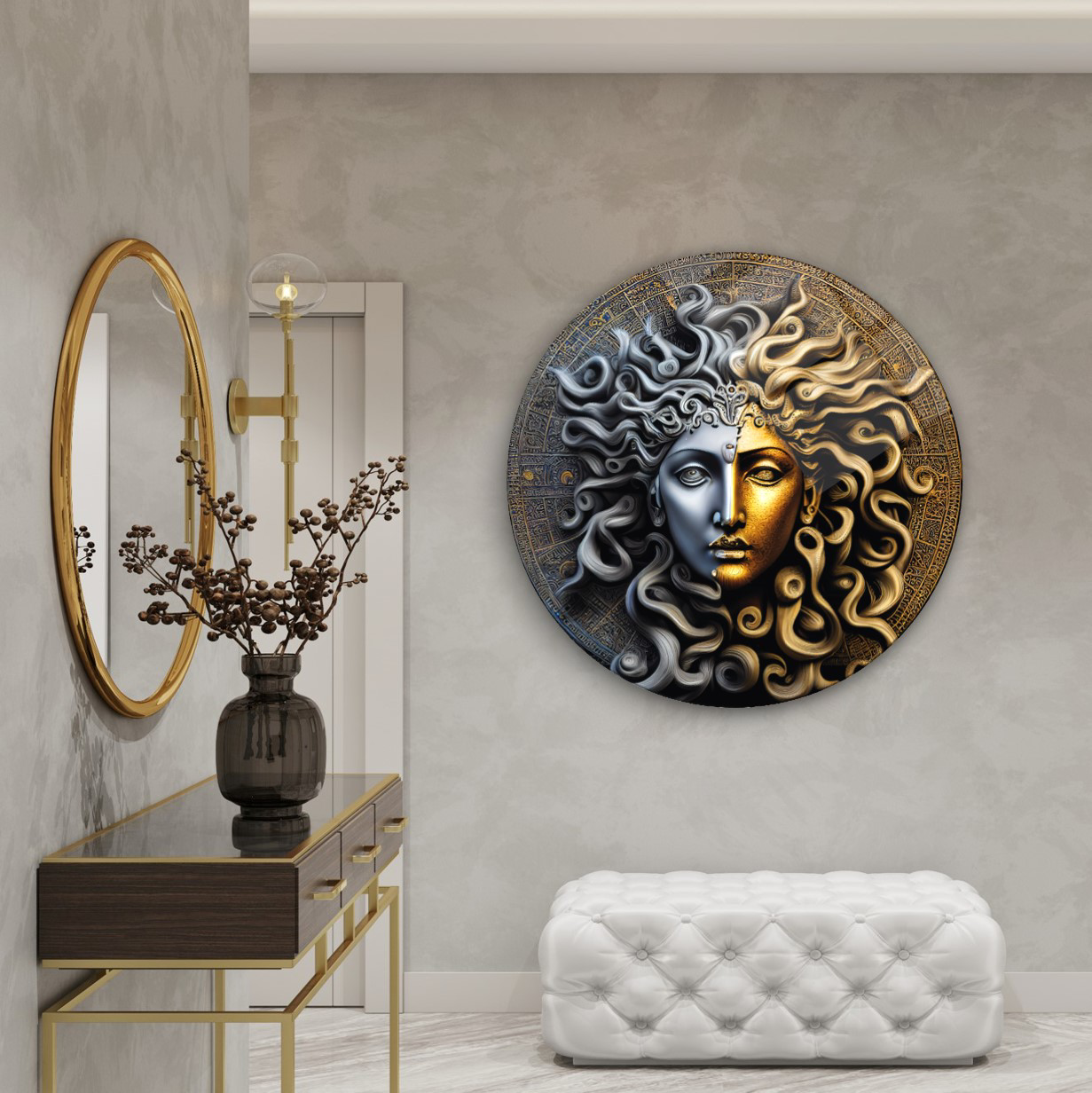 Medusa Yuvarlak Cam Tablo | Hediyelik, Dekoratif, Ofis, Mutfak 
