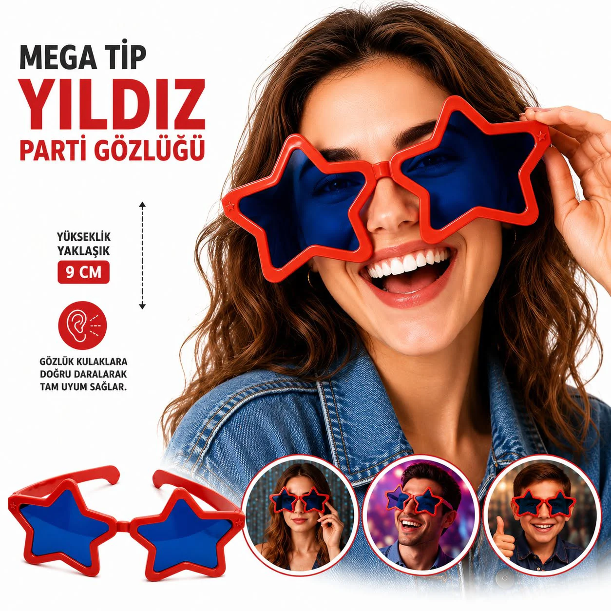 Mega Tip Yıldız Parti Gözlüğü Kırmızı Renk