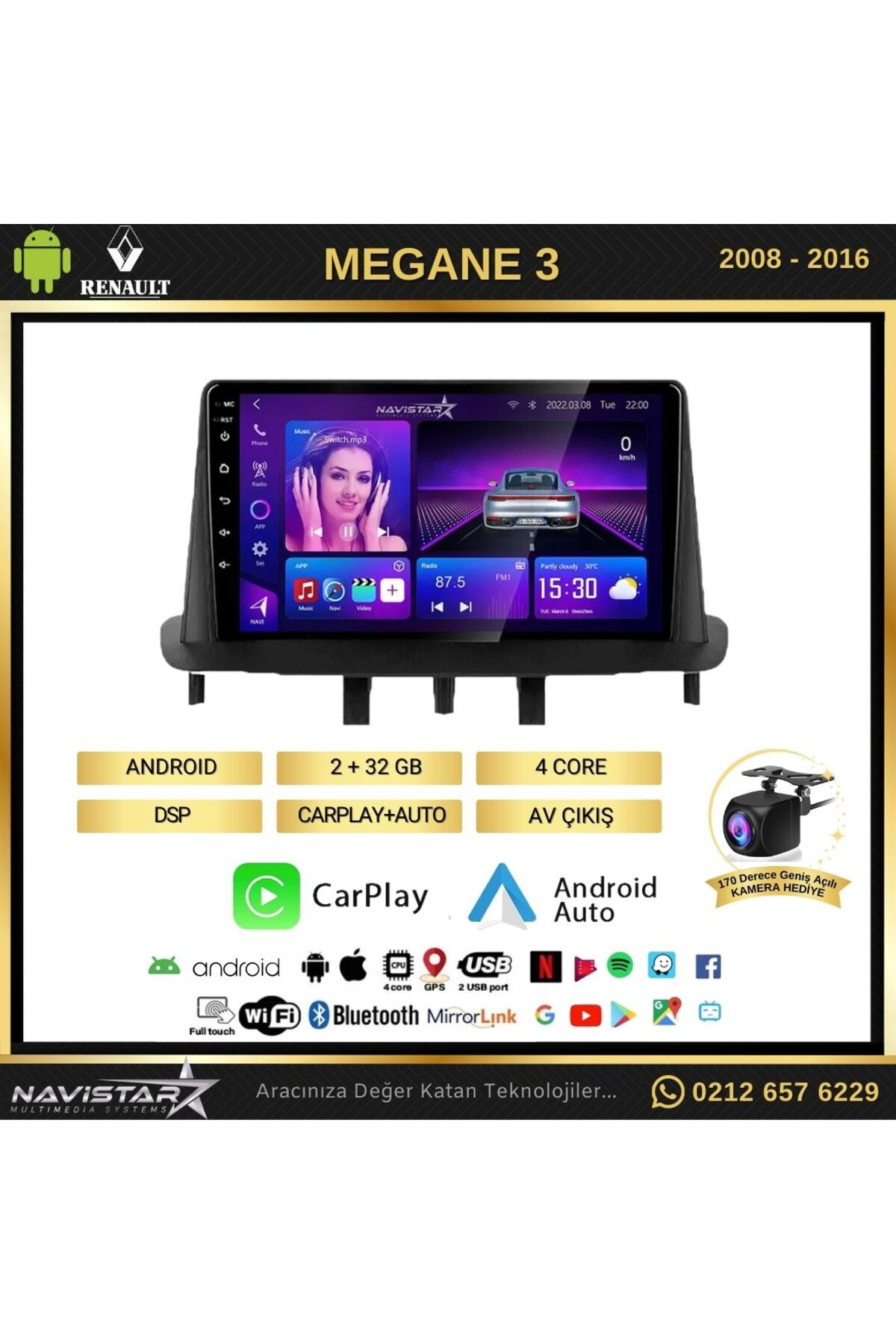 Megane 3 Kablosuz Carplay 2 64gb Android 13 Navigasyon Multimedya