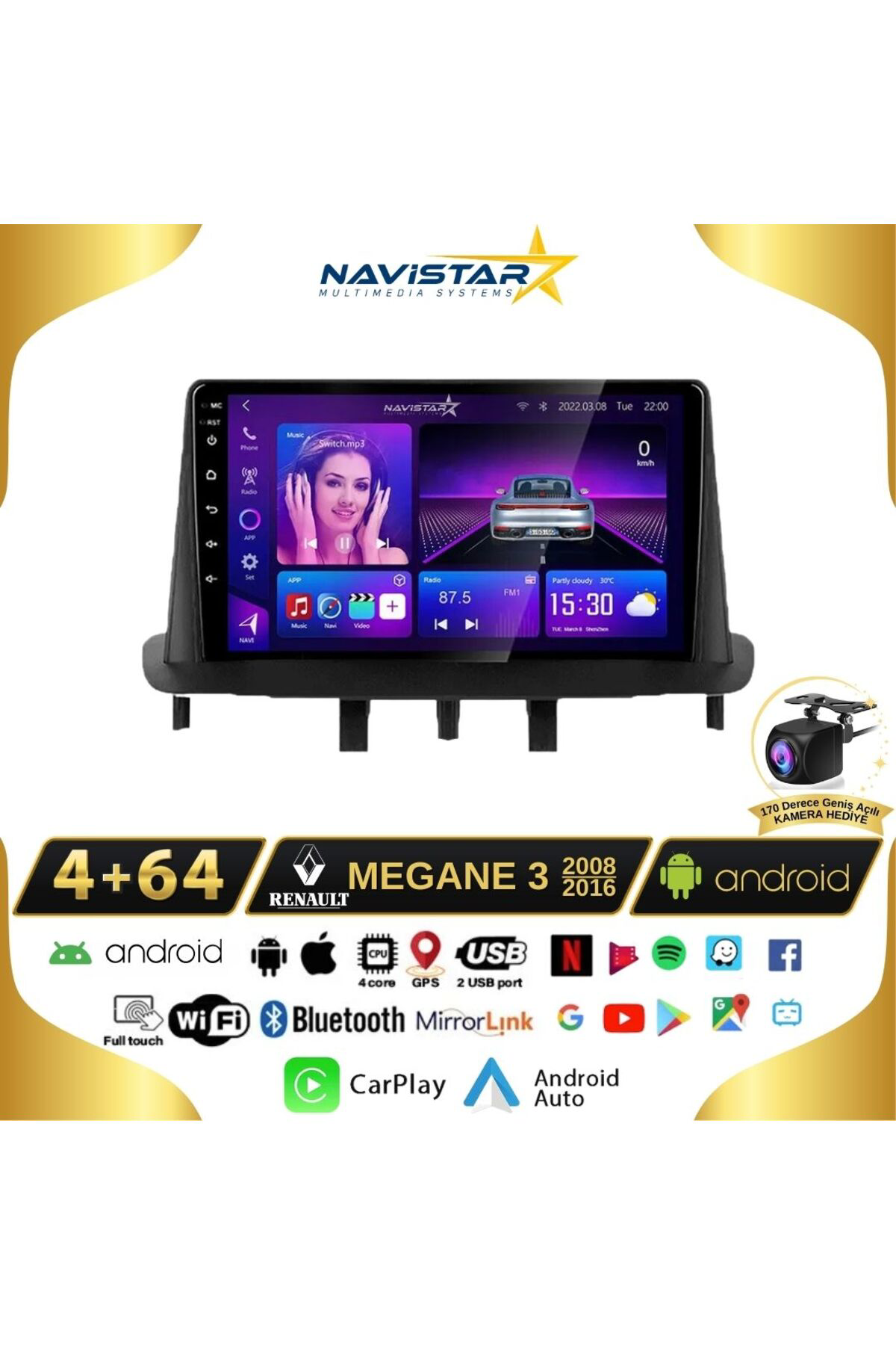 Megane 3 Kablosuz Carplay 4 64 Gb Android 13 Navigasyon Multimedy