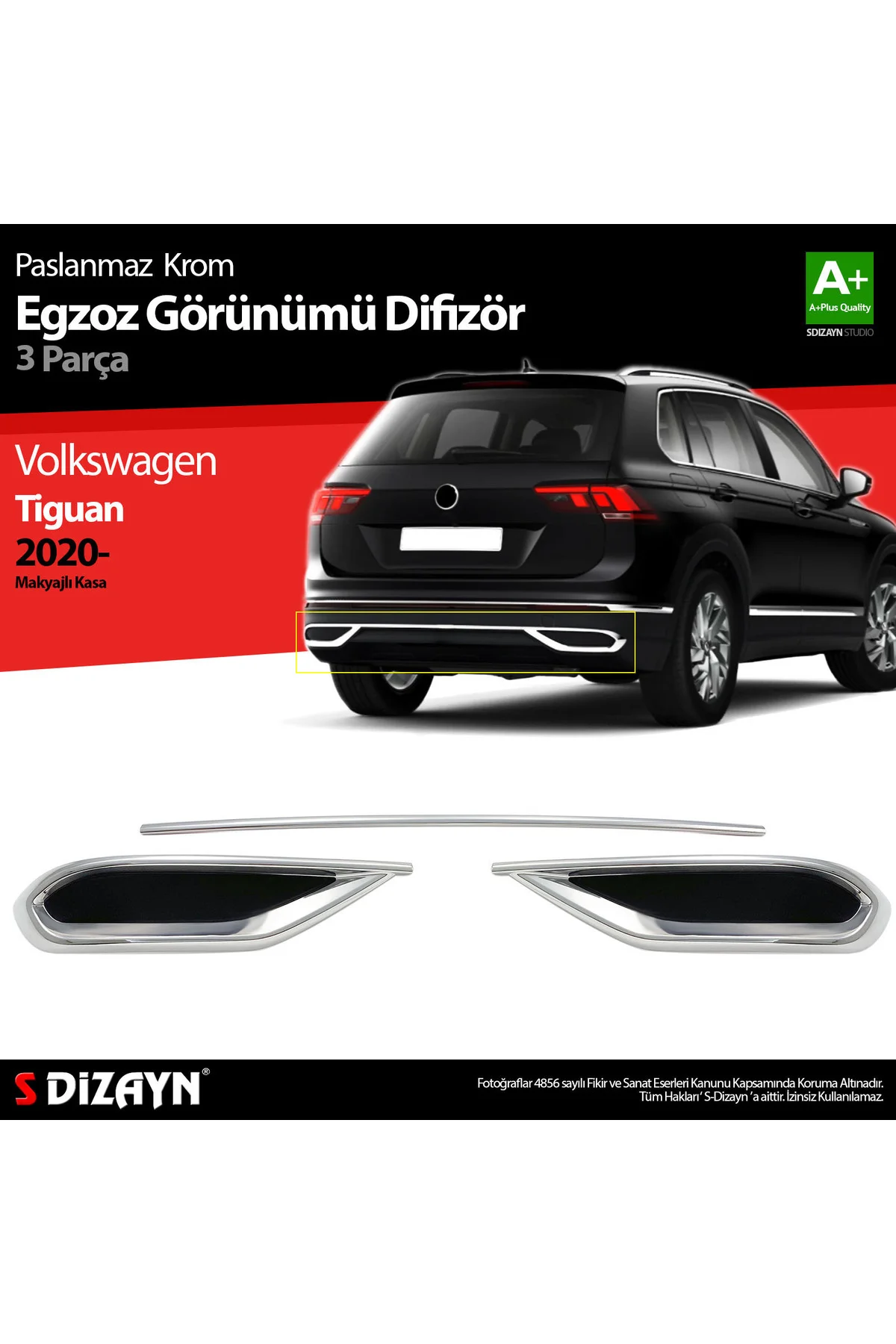 Meka Part VW Tiguan Krom Egzoz Görünümü Difüzör 3 Parça 2020-2024 A+Kalite