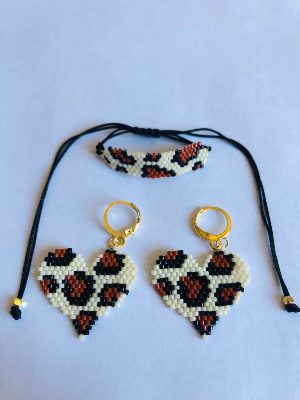 Azemax Melike Miyuki  Bileklik Ve Küpe Seti/Leo Kalp/Krem Kahve