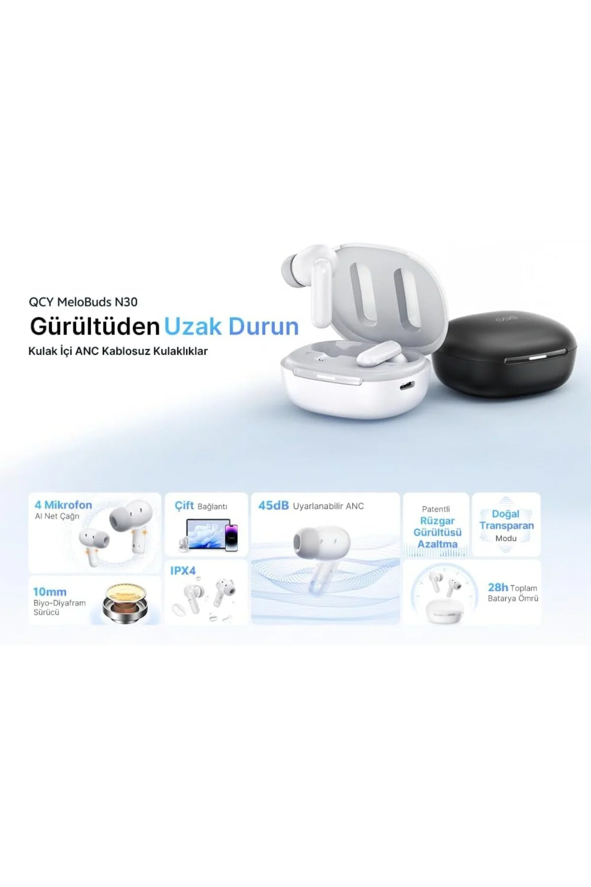Melobuds N30 Adaptif Anc Bluetooth Kulaklık 4 Mikrofon Çift Cihaz