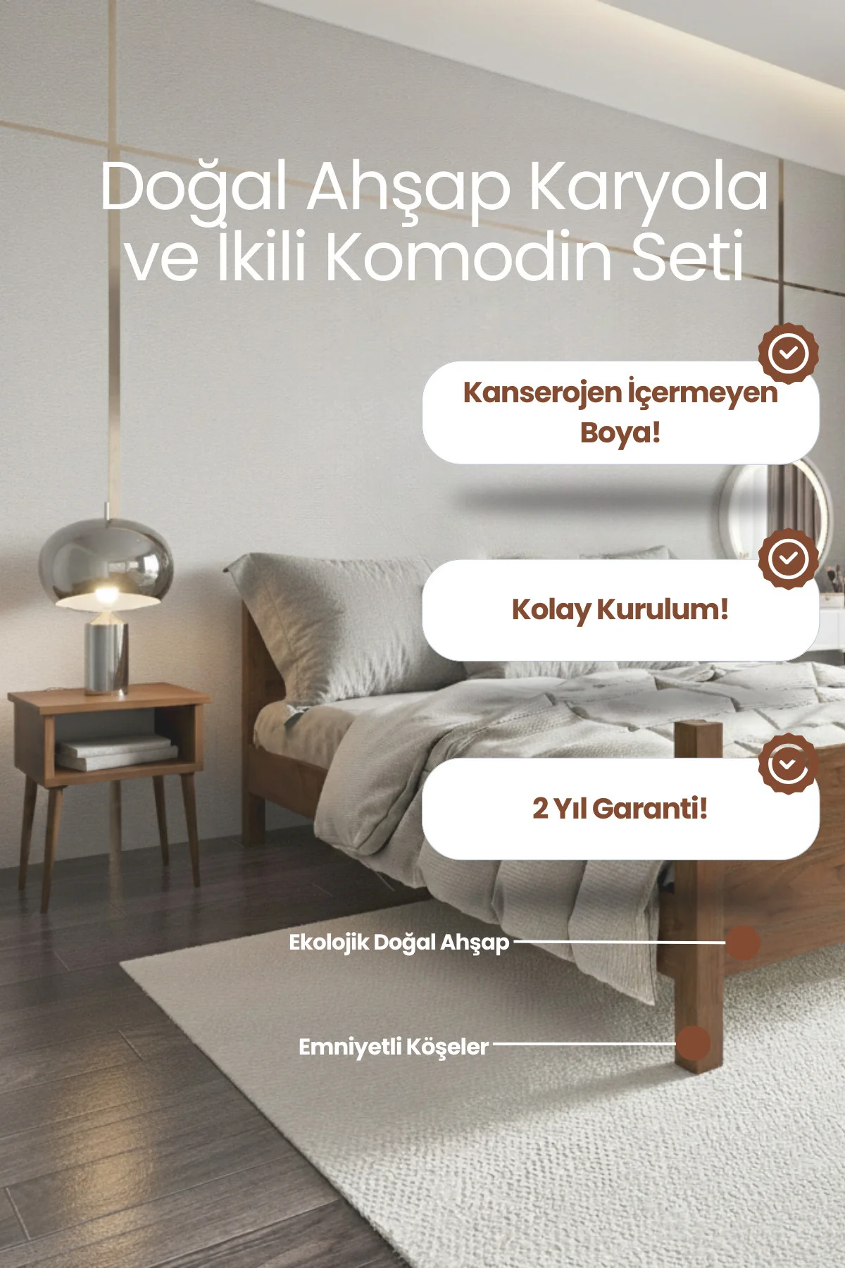 Melodi Çift Başlıklı Masif Çam Karyola ve İki Adet Komodin Seti - Birinci Sınıf Ahşap Masif Karyola Fiyatı, Yorumları ve Özellikleri