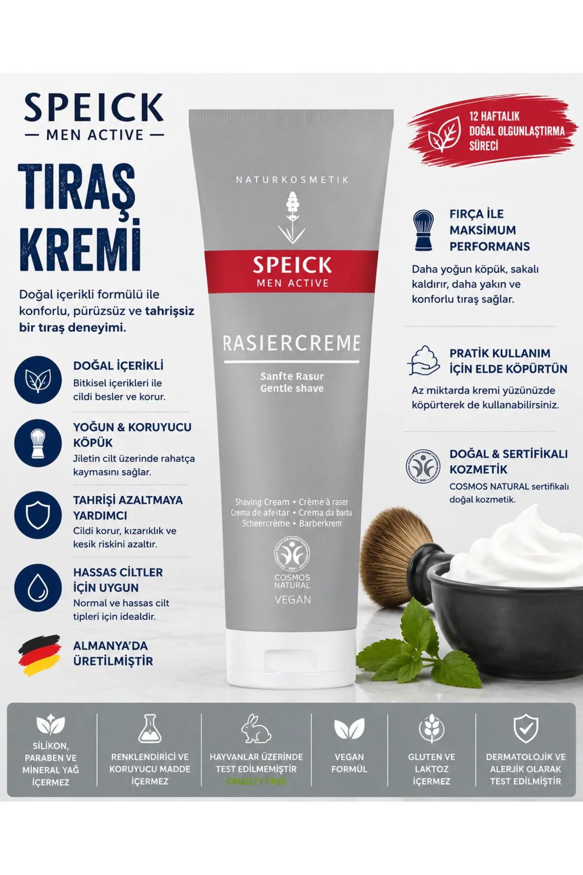 Men Active Tıraş Kremi 75 ml – Doğal İçerikli, Yoğun Köpük, Hassa