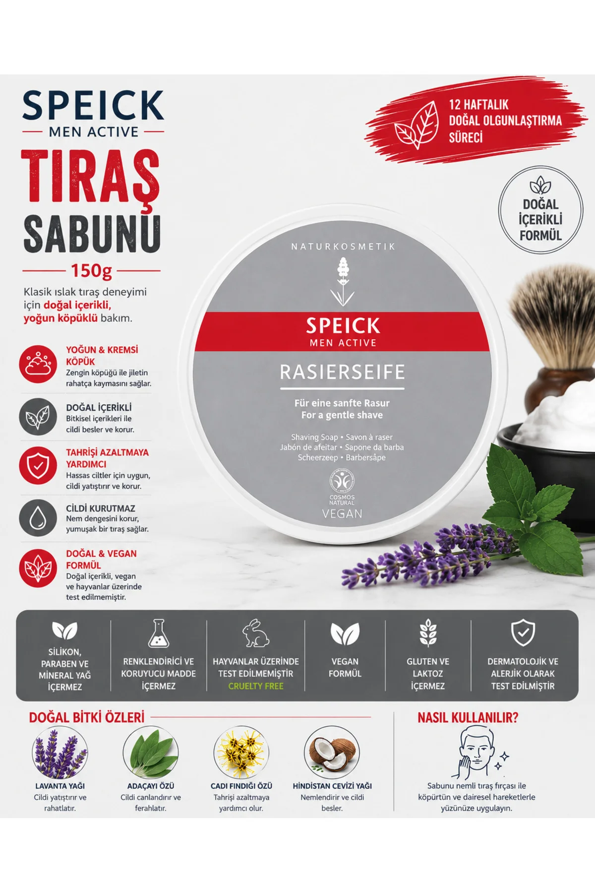 Men Active Tıraş Sabunu 150 gr | Doğal İçerik, Yoğun Köpük, Hassa