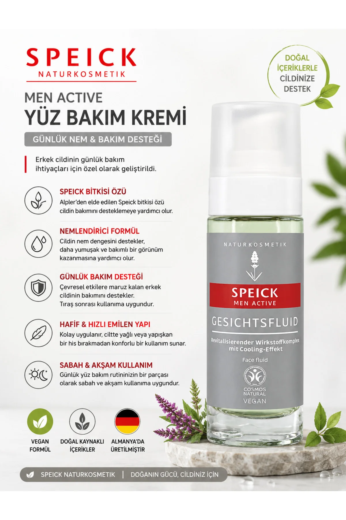 Men Active Yüz Bakım Kremi 30 ml – Erkekler İçin Nemlendirici Günlük Yüz Bakımı, Vegan Formül