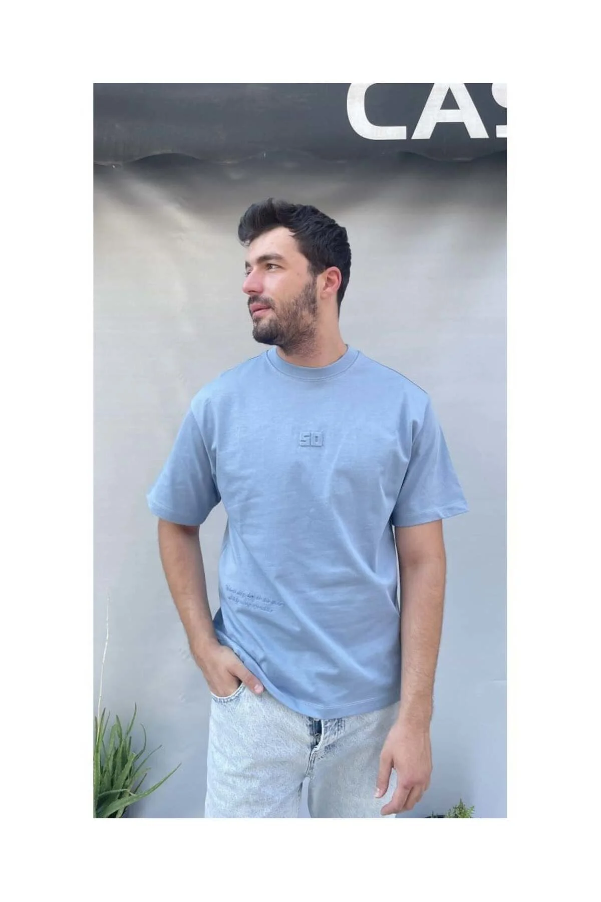 Men South Kabartma Baskılı Oversize Mavi T-Shirt